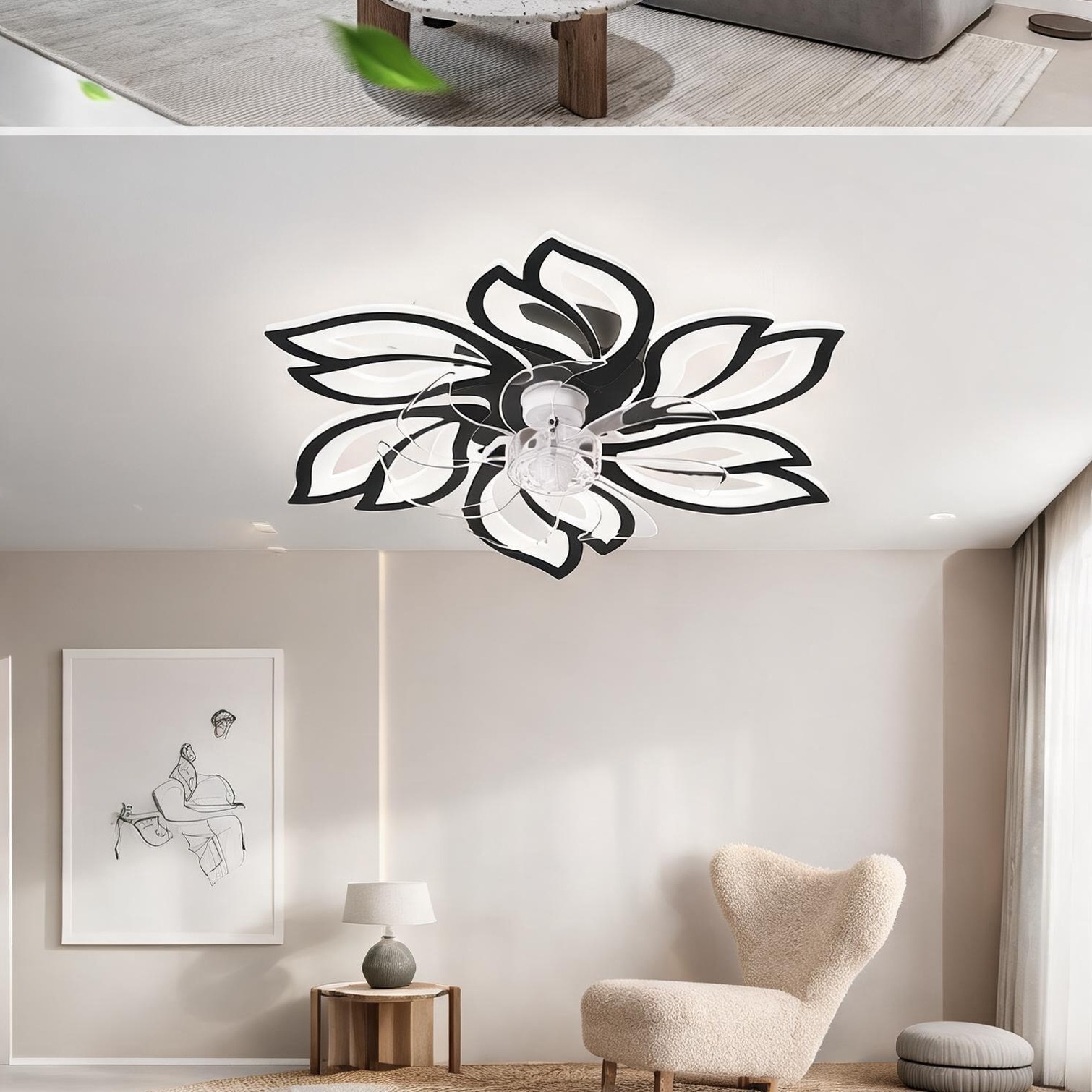SunJet 25.5-Inch Modern Ceiling Fan with Integrated LED Light Jet Black Stainless Steel Housing 7 Transparent Acrylic Blades Remote App Control