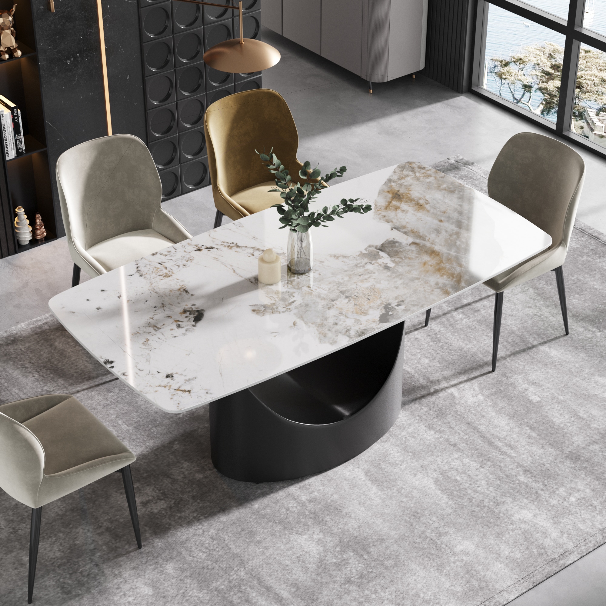 BuotiqHom DH-AT-18AP-MH5B 71 in. Pandora Contemporary/Modern Dining Table, Ceramic with Primed Metal Pedestal Base 71-in L x 29.5-in H