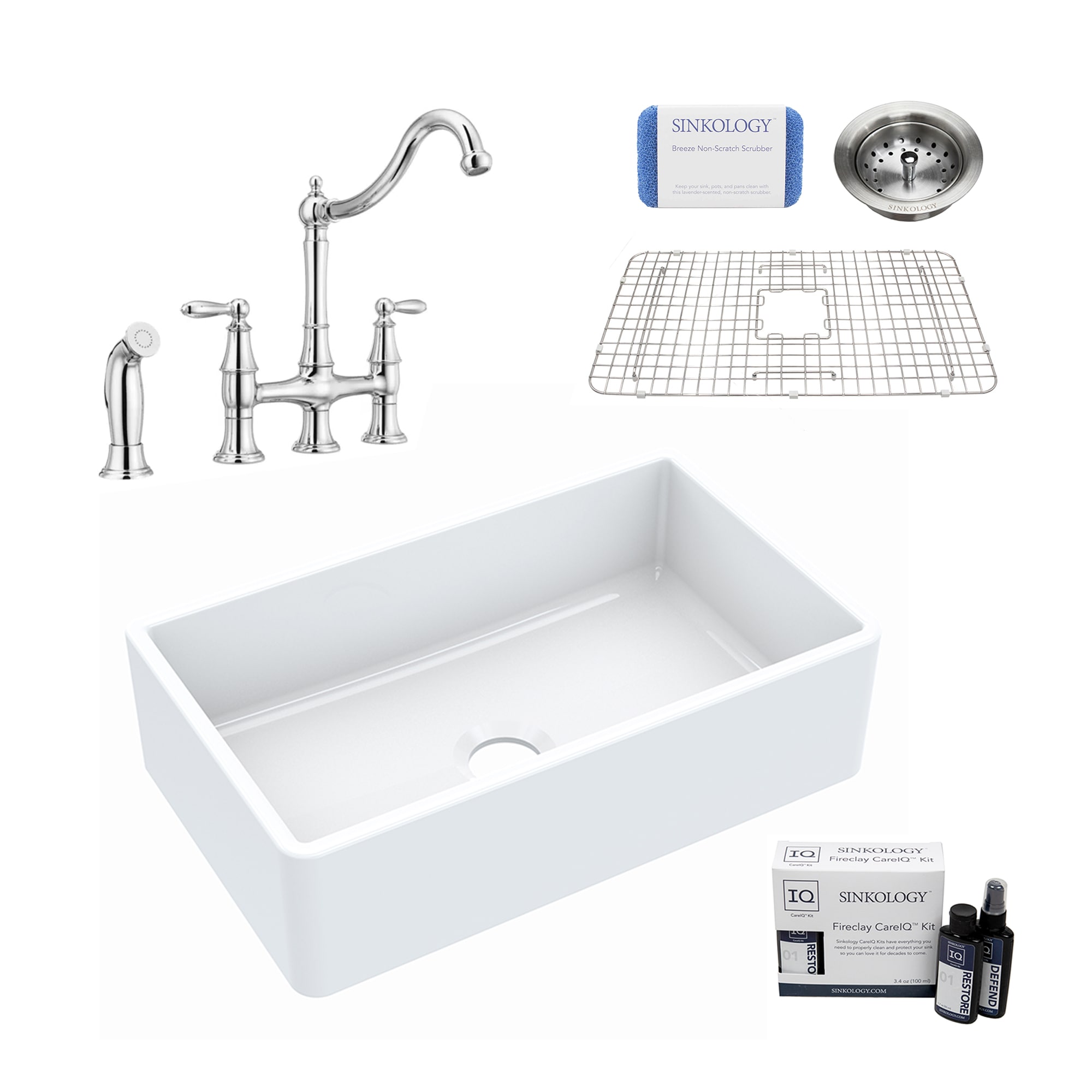 Turner Farmhouse Apron Front 30-in x 18-in Crisp White Fireclay Single Bowl Kitchen Sink All-in-one Kit Stainless Steel | - SINKOLOGY SK404-30-COC