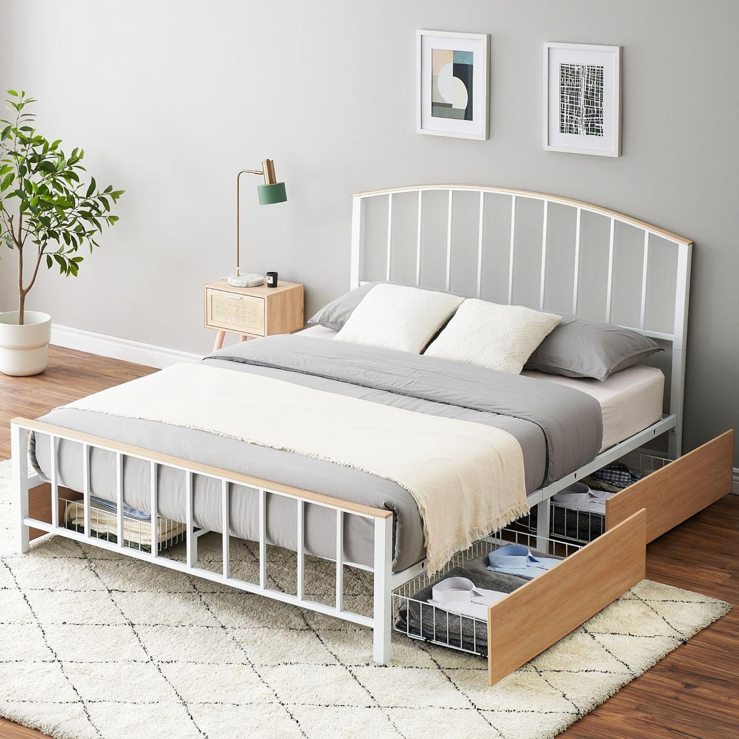 Qeetex LHF-BED-PHO-0XFYJ536 Full Size Bed Frame with Storage 4 Drawers Metal Platform Mattress Foundation with Headboard Footboard Steel Slats Support No Box Spring Needed Noise Free Easy Assembly