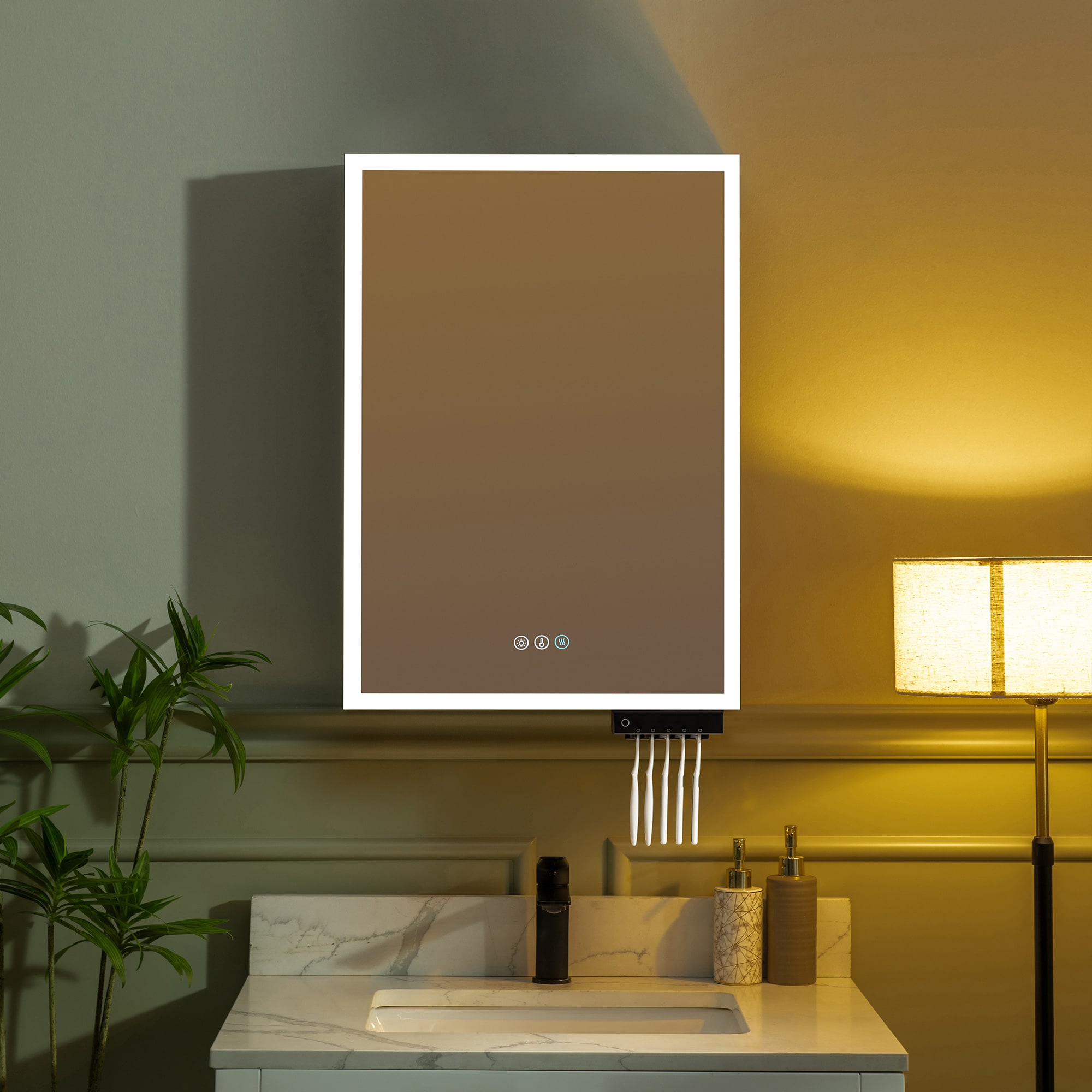 Woodbridge LMC013 M2028-IV 19.75-in x 27.75-in Lighted LED Fog Free Surface Mount White Interior Mirrored Rectangle Soft Close Medicine Cabinet with Outlet