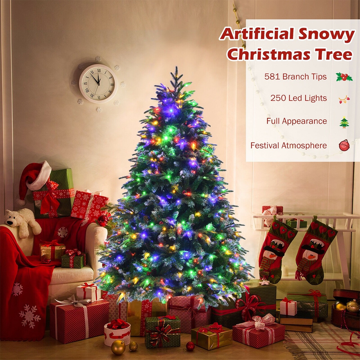 Costway 8ft Pre-Lit Hinged Christmas Tree Snow Flocked w/ 9 Modes Remote Control Lights