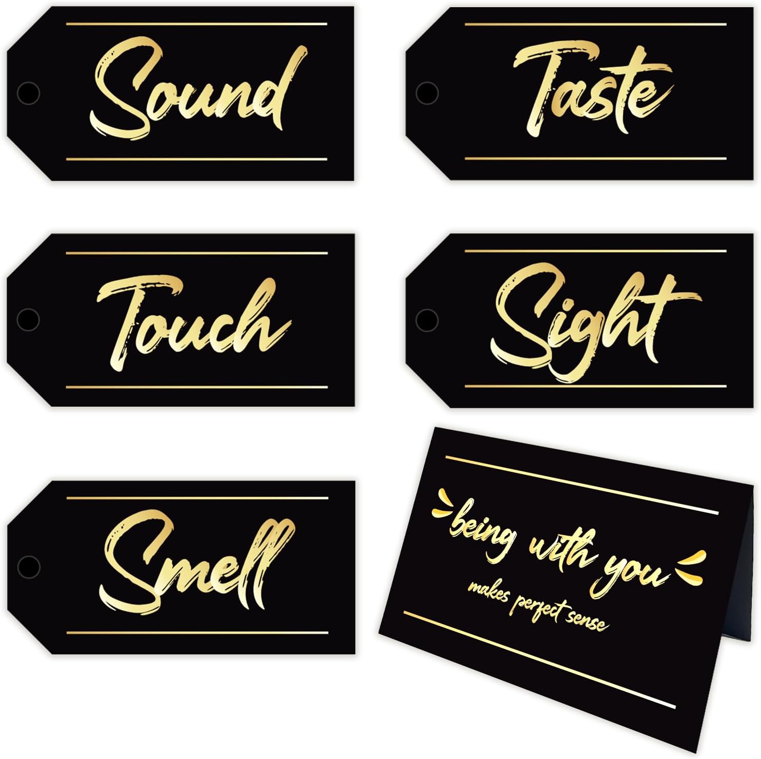 Etokfoks  Five Senses Gift Tags Set with Greeting Card Black and Gold Kraft Tags and Envelope for Anniversary Birthday or Valentine