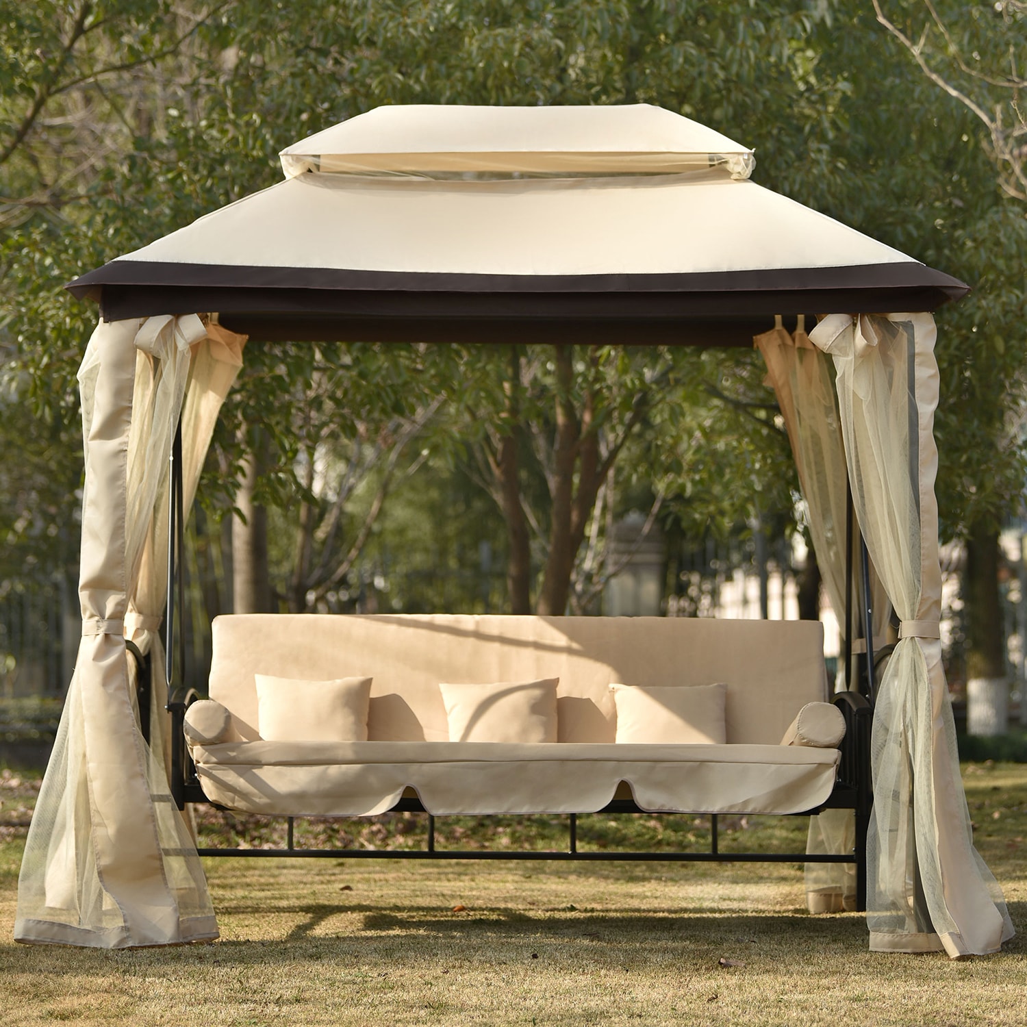 Sinofurn 3-person Beige Iron Outdoor Swing Bed At Lowes.com