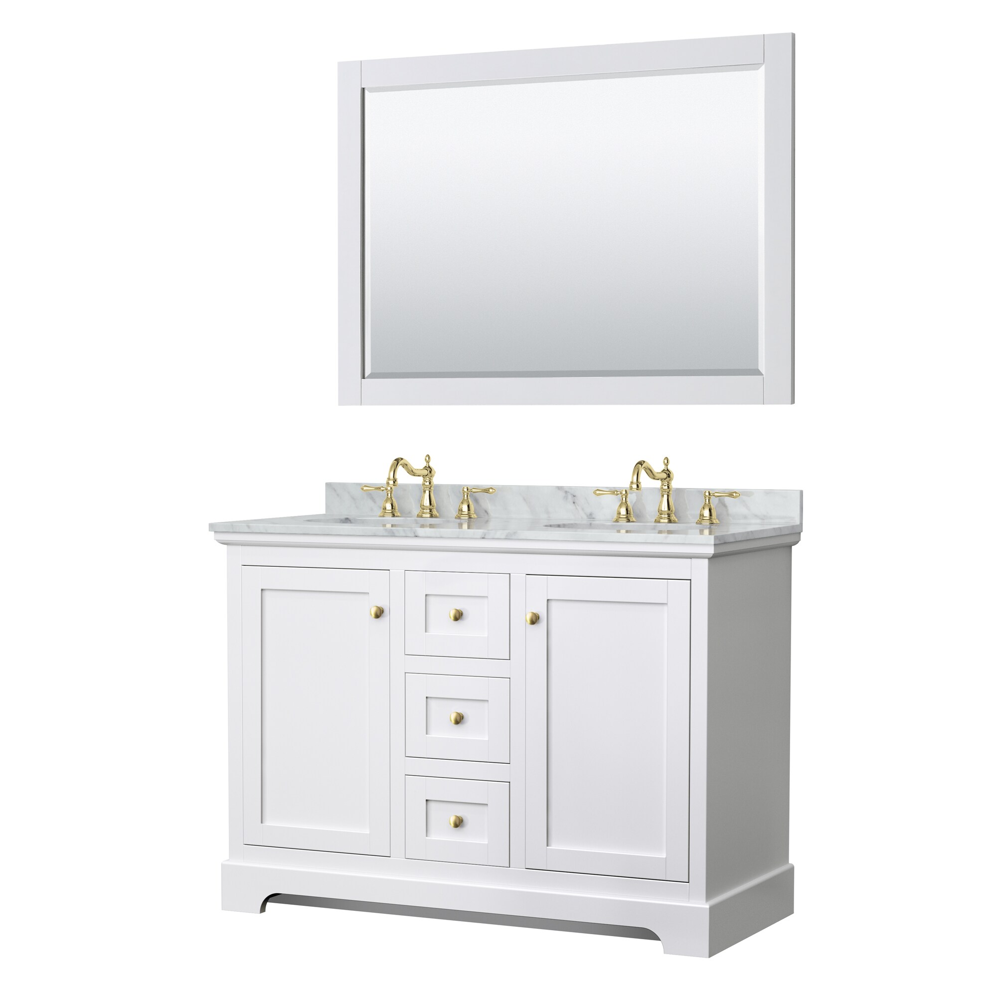 Wyndham Collection WCV232348DWGCMUNOM46 Avery 48-in White with Brushed Gold Trim Undermount Double sink Bathroom Vanity with White Carrara Marble Marble Top (Mirror Included)