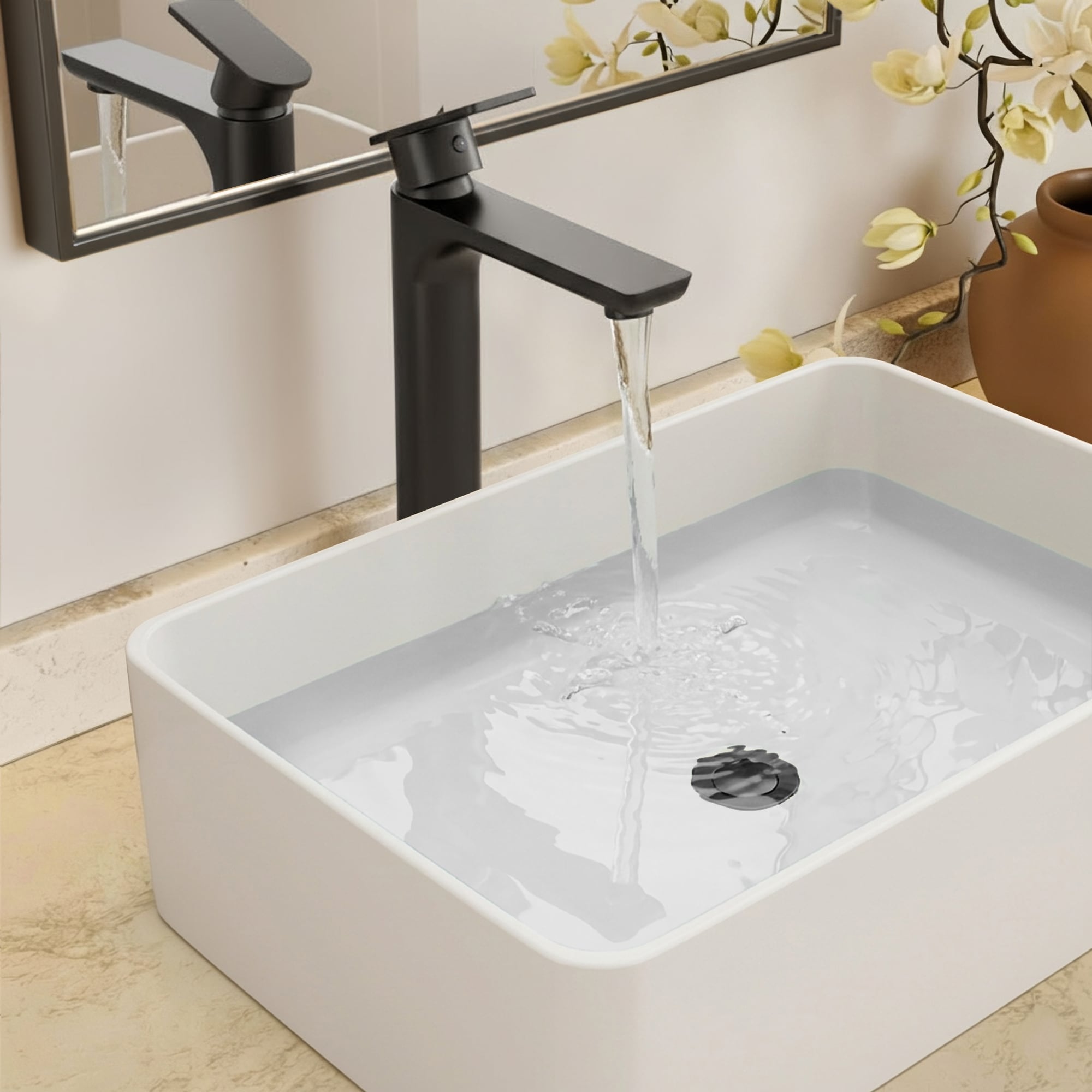 YAWWALK  Modern Matte Black High-Arc Vessel Bathroom Faucet Single Handle Single-Hole Sink Faucet with Pop-Up Drain Assembly
