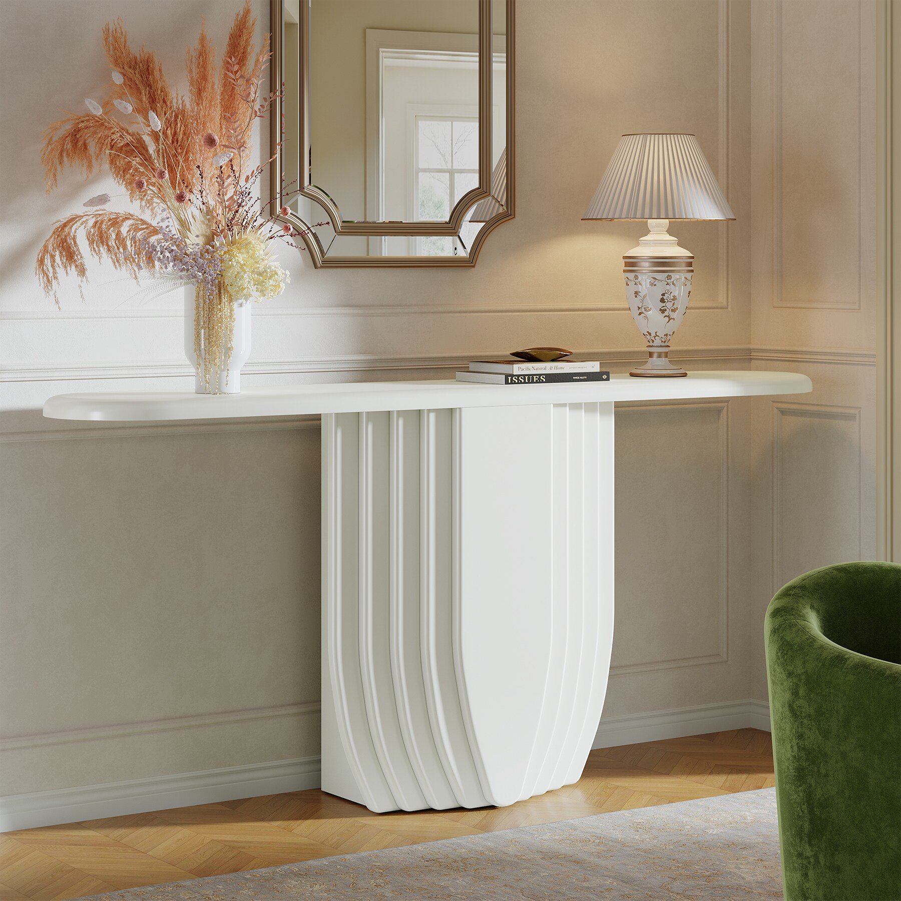 Tribesigns 63 inch W Modern White Console Table with Geometric Base for ...