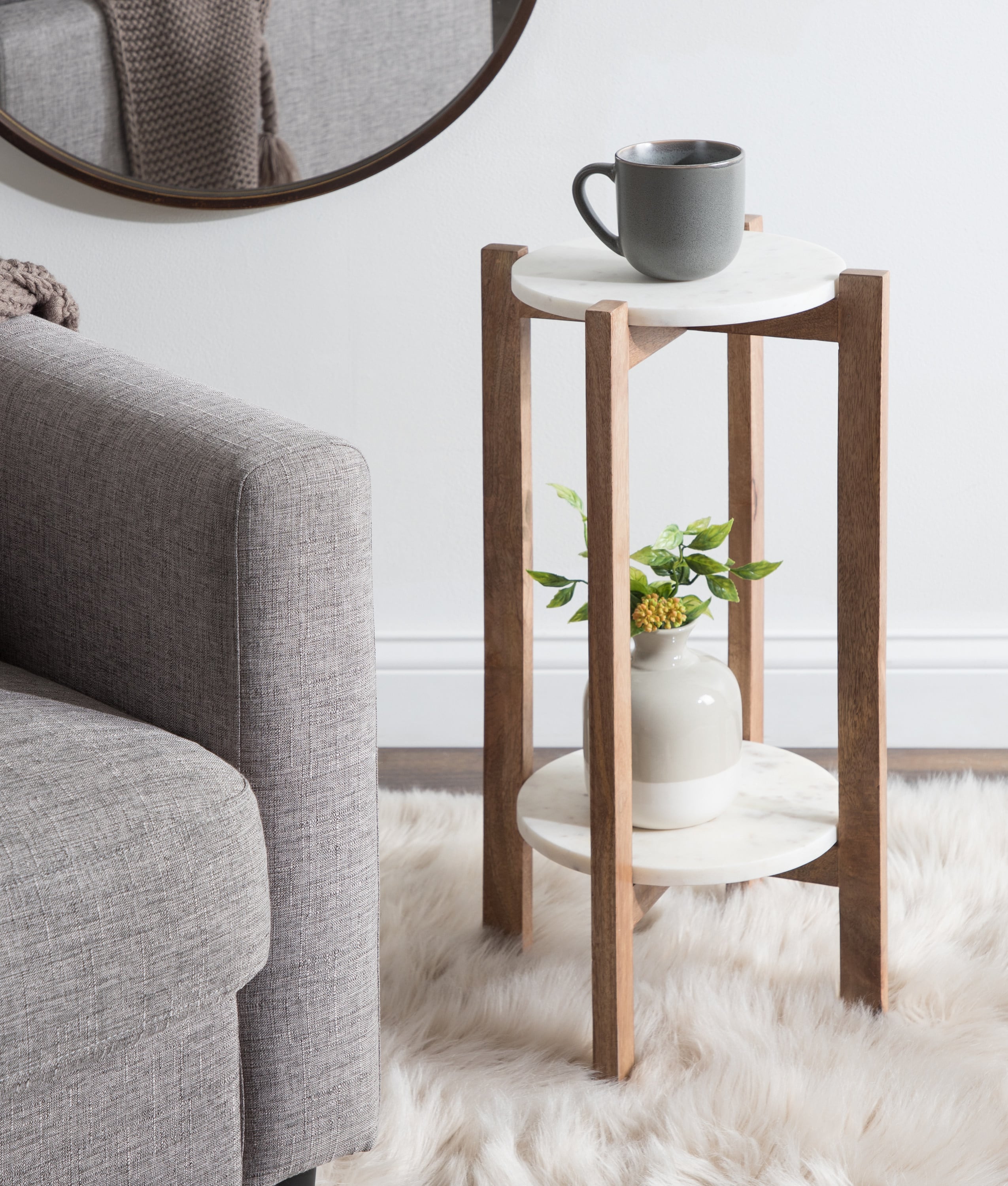 Natural Mango Wood and White Marble Round Two-Tier End Table
