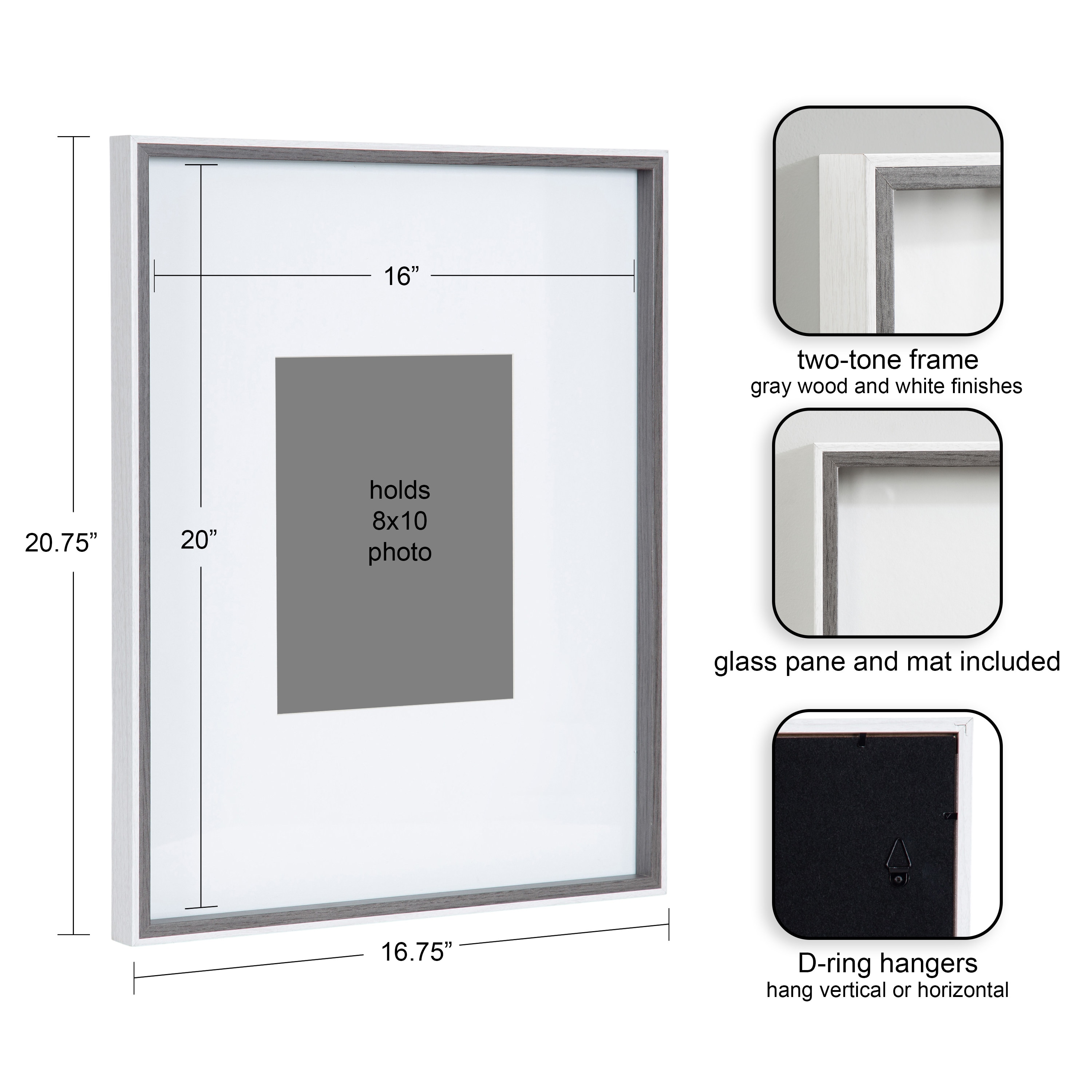 Gray and White Wood 16x20 Matted Photo Frame Set