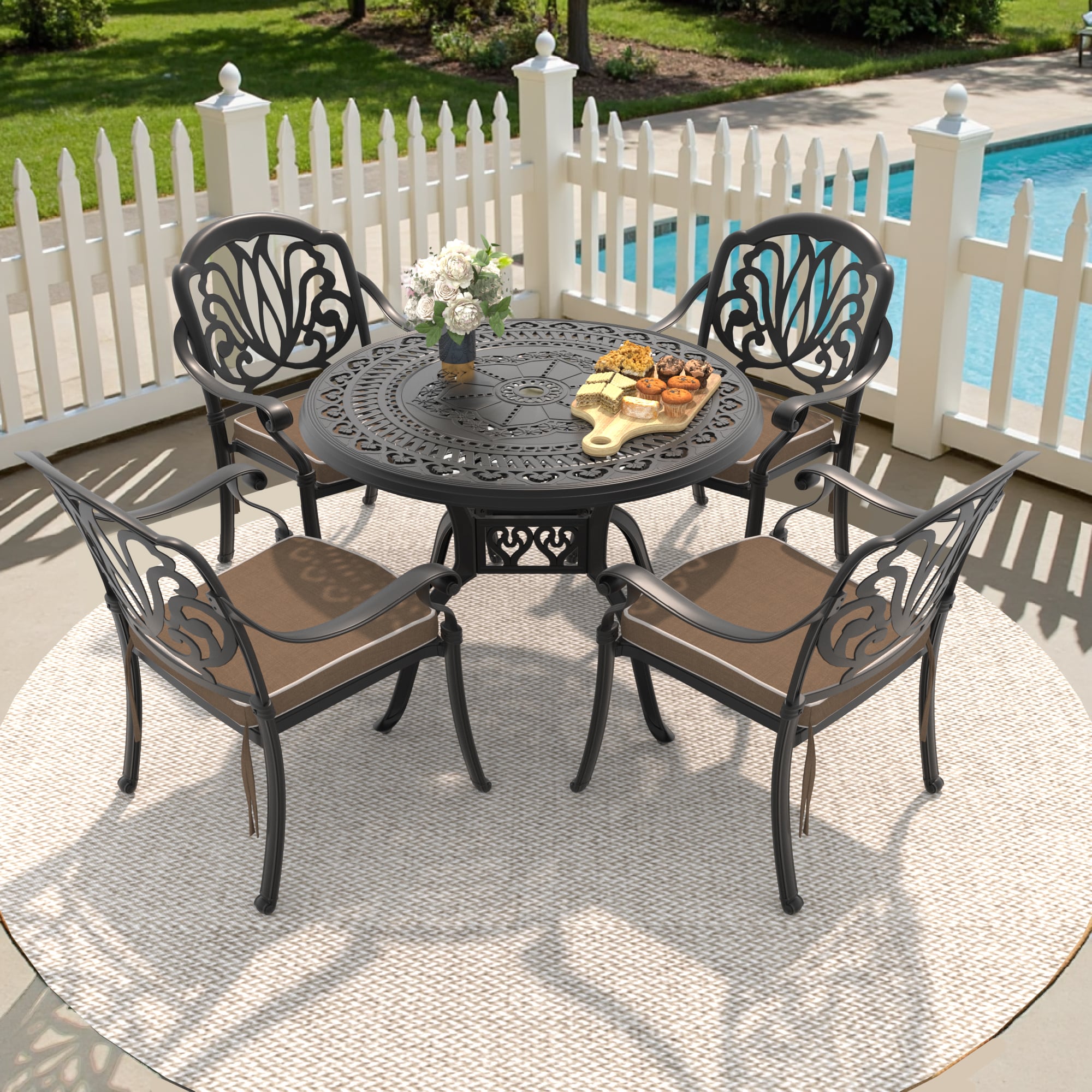 nicesure SLBK6002CZ4A1110RC 5 -Piece Black Patio Dining Set Aluminum Round Table with 4 Cushions Stackable Stationary Chairs