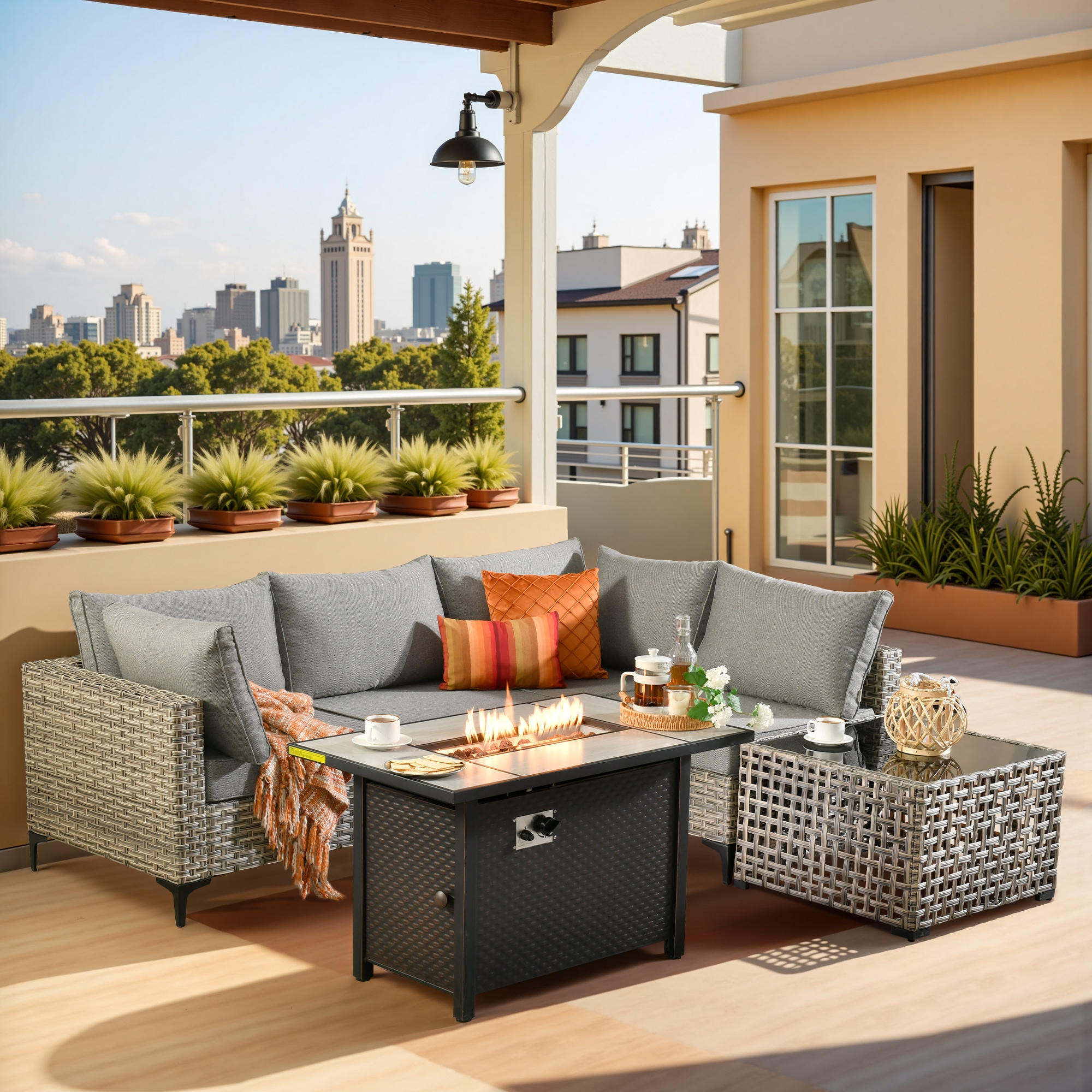 Pouuin CFPSKT205 Wicker Outdoor Sectional with Dark gray Cushions and Wicker Frame