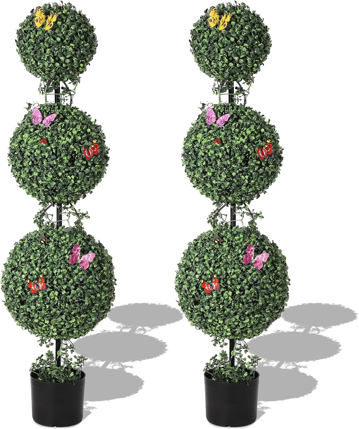 Qeetex DYQ-PHO-3554P47S 4 FT Artificial Triple Ball Topiary Trees with Pot  2 PCS Topiary Trees Artificial Outdoor with Moss  Vine Insect Decor All Year Green Outdoor Faux Plants for Front Porch  Home Decor