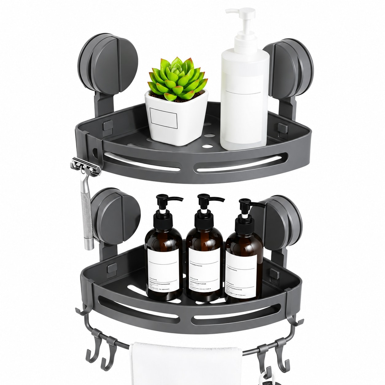 Paradigms Interiors Corner Shower Suction Cup Shelf No Drilling Bathroom Organizer With Towel Bar Hooks #514068539292