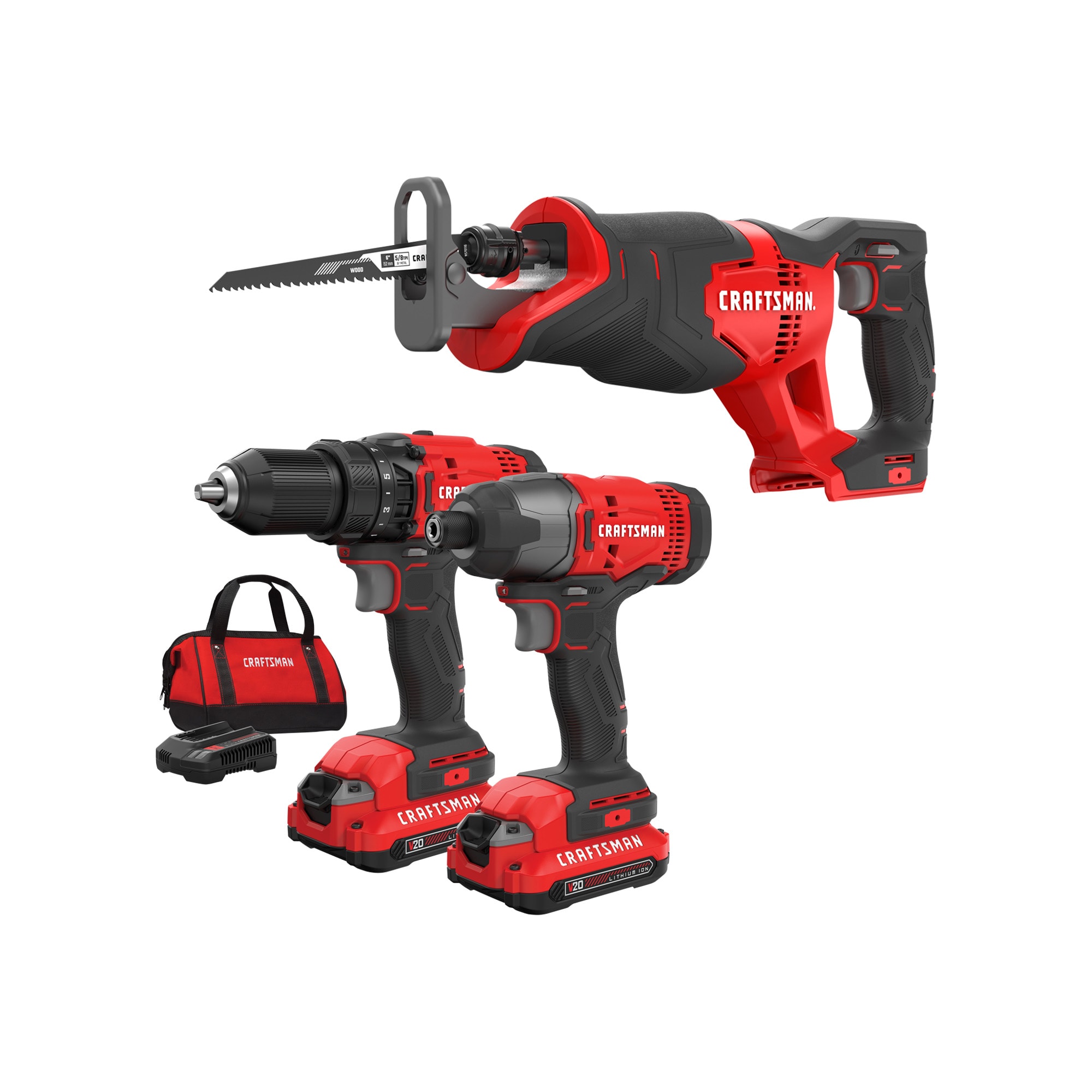 CRAFTSMAN V20* 2-Tool Power Tool Combo Kit with Soft Case (2-Batteries Included and Charger Included) & V20* Variable Speed Cordless Reciprocating Saw