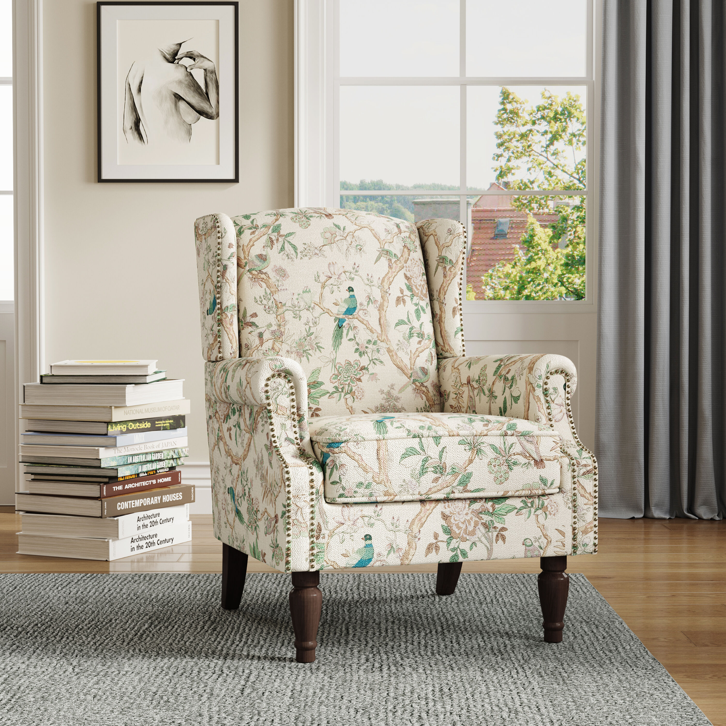 Dreamsidea - Upholstered Living Room Nailhead Trim Accent Chair with Wooden Legs Pattern Bird
