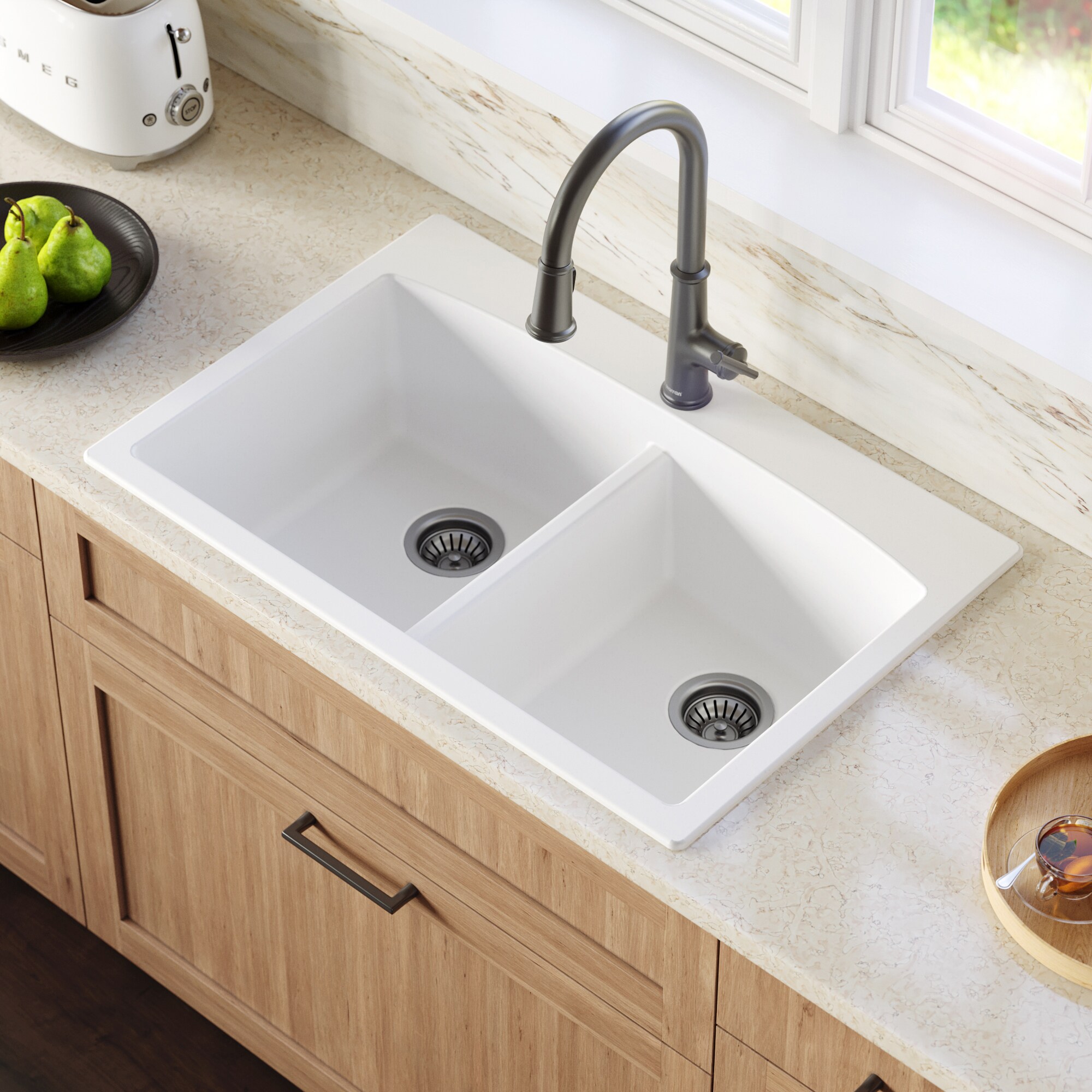 Karran Drop In 33 In X 22 In White Quartz Double Equal Bowl 1 Hole Kitchen Sink All In One Kit