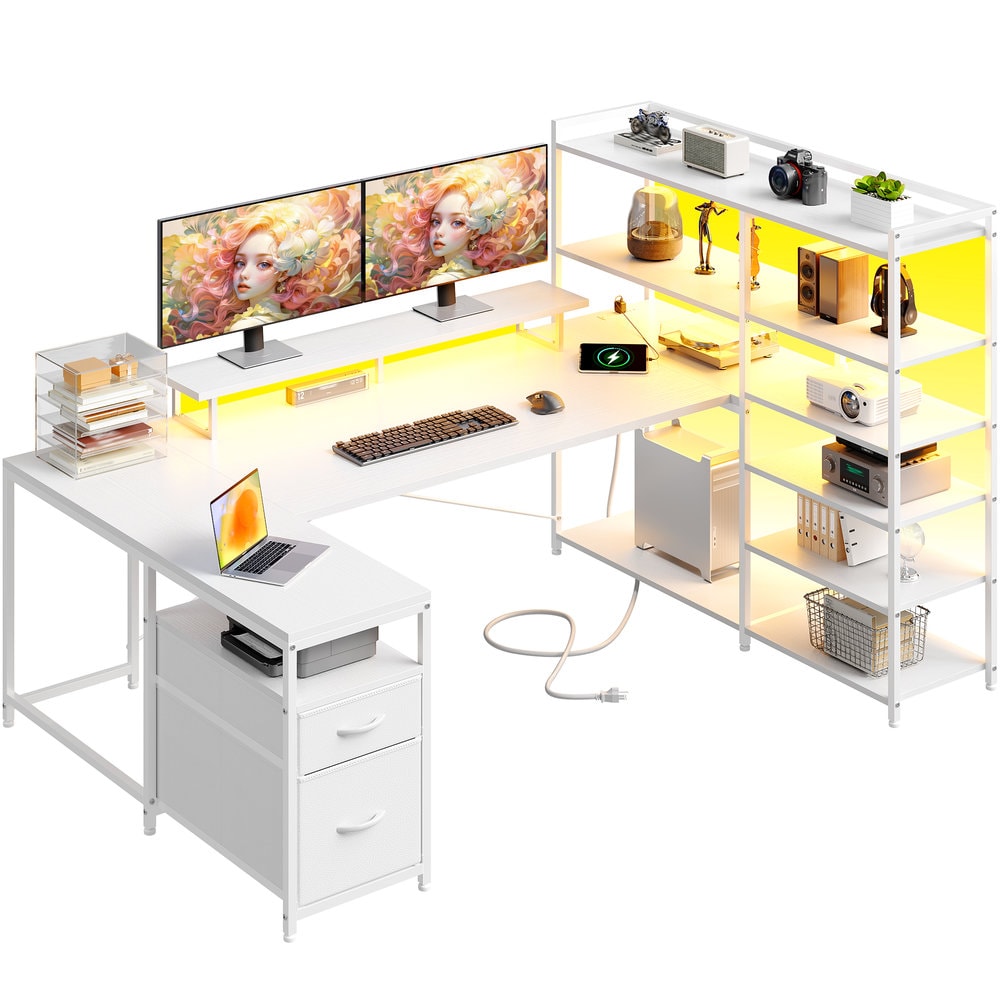 Raybee 63.1-in W Reversible U-Shaped Computer Desk with 6-Tier Storage Shelves 2 Drawers and LED Lights White