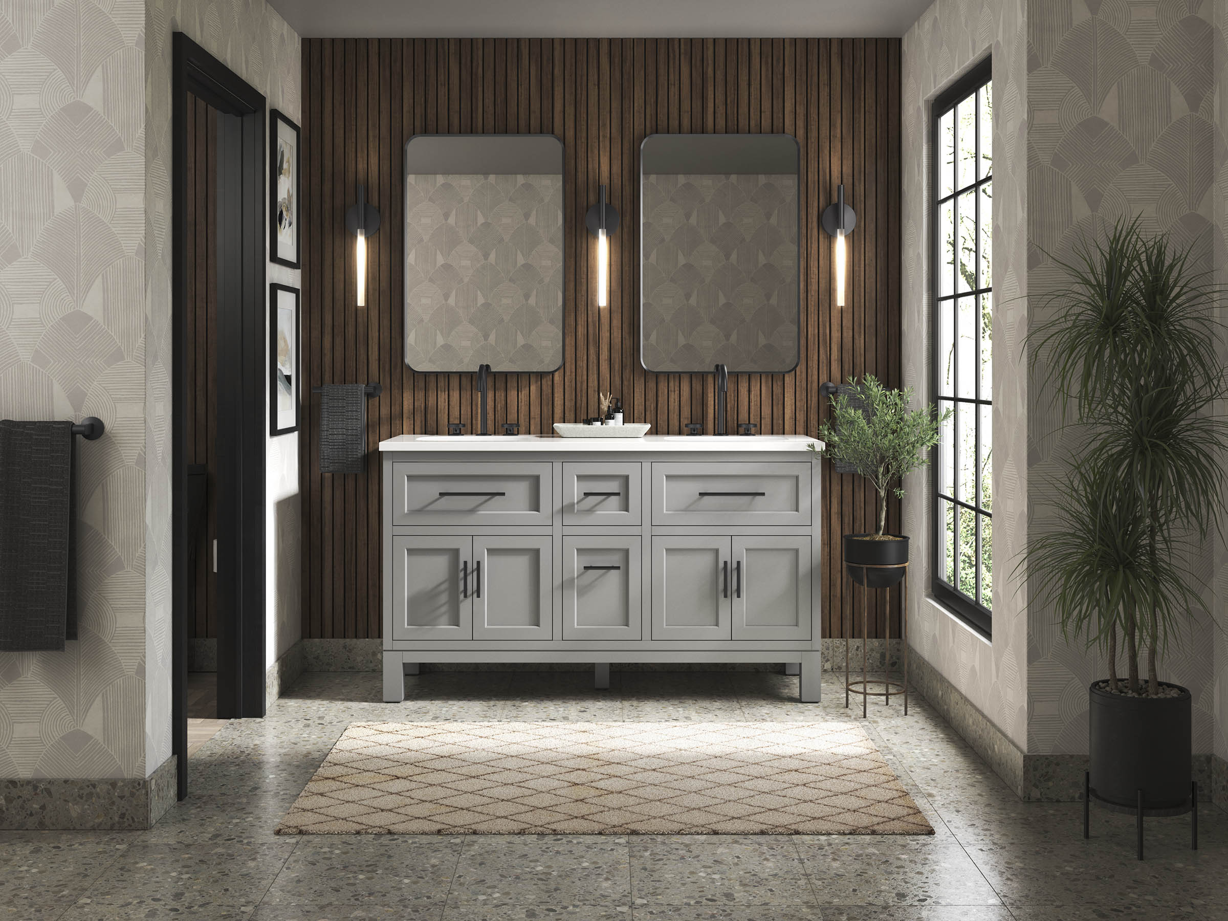 KOHLER 31246-ASB-1WT Quo 60-in Mohair Grey Undermount Double Sink Bathroom Vanity with White Quartz Top