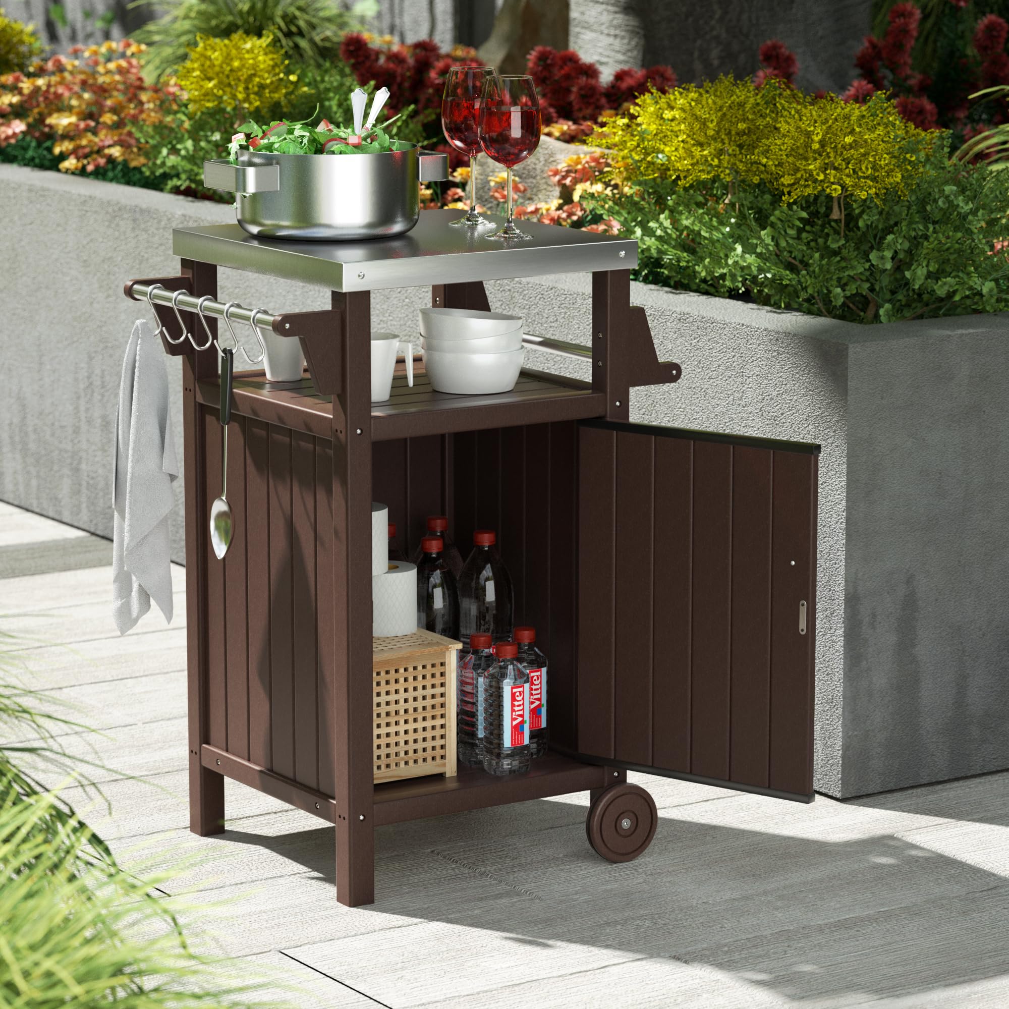 Poly furniture DC-SS01-BR Kitchen Portable Outdoor Grill Cart Brown Plastic Grill cart