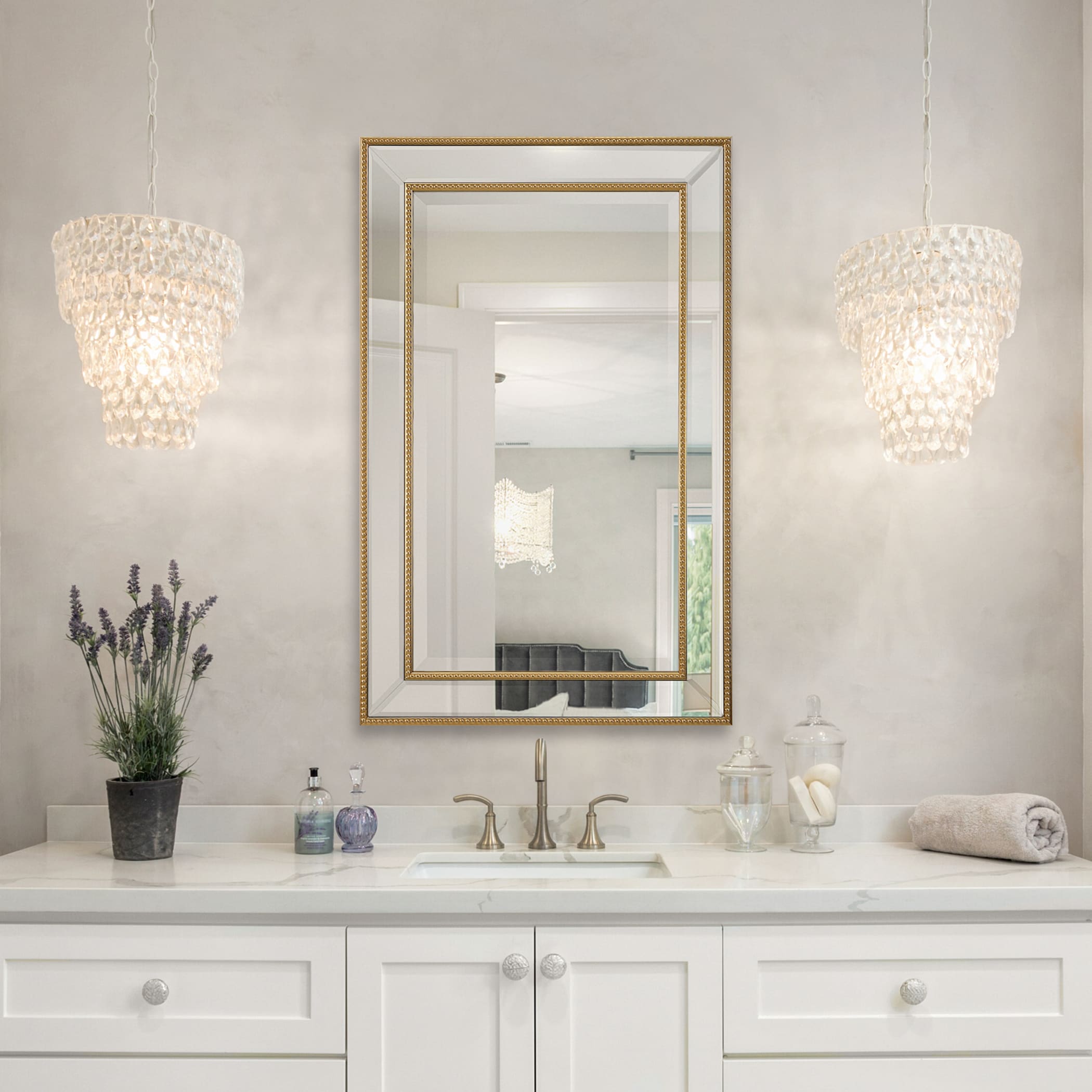 Elegant Gold Beaded Silver Wood Framed Vanity Mirror