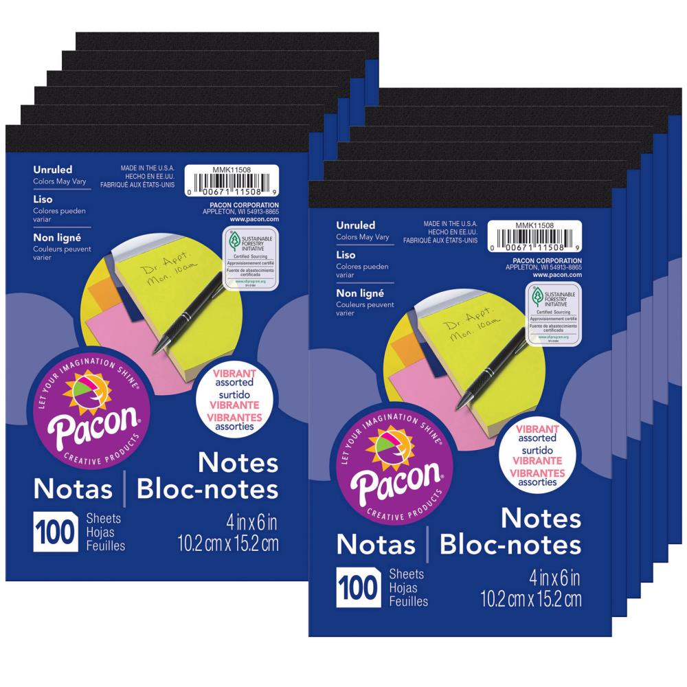 100 Sheets Pacon PACMMK11508 Note Pad 4 x 6 Fluorescent Colors 
