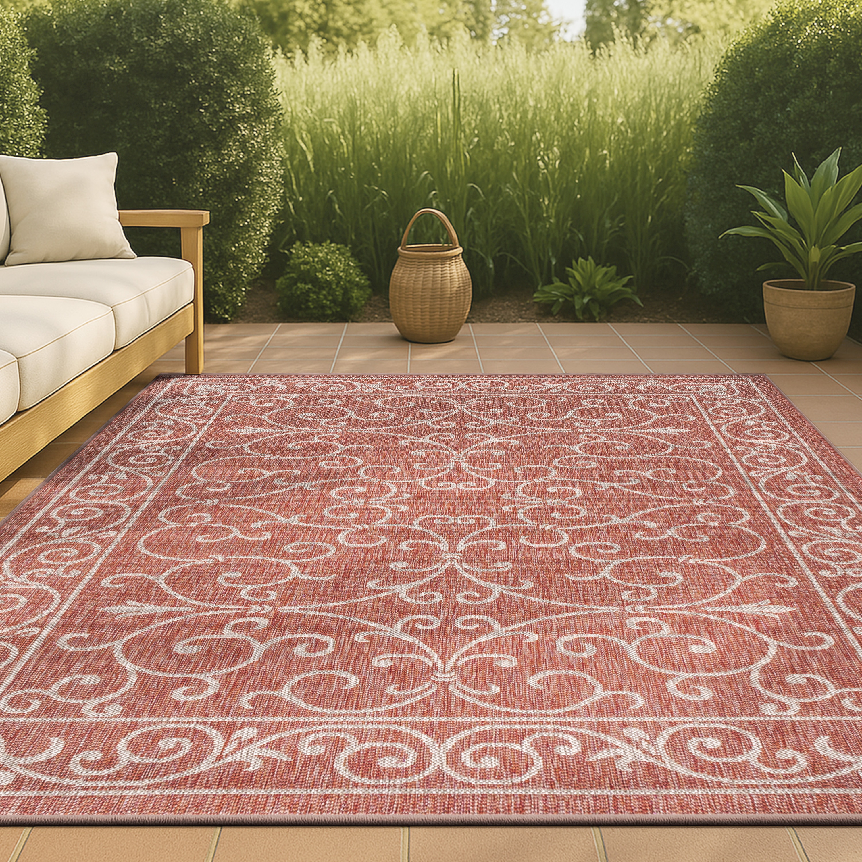 JONATHAN  Y SMB106B-8 Santa Monica Charleston Filigree Textured Weave 8 x 10 (ft) Loomed Polypropylene Red/Beige Rectangular Indoor/Outdoor Border Coastal Area rug