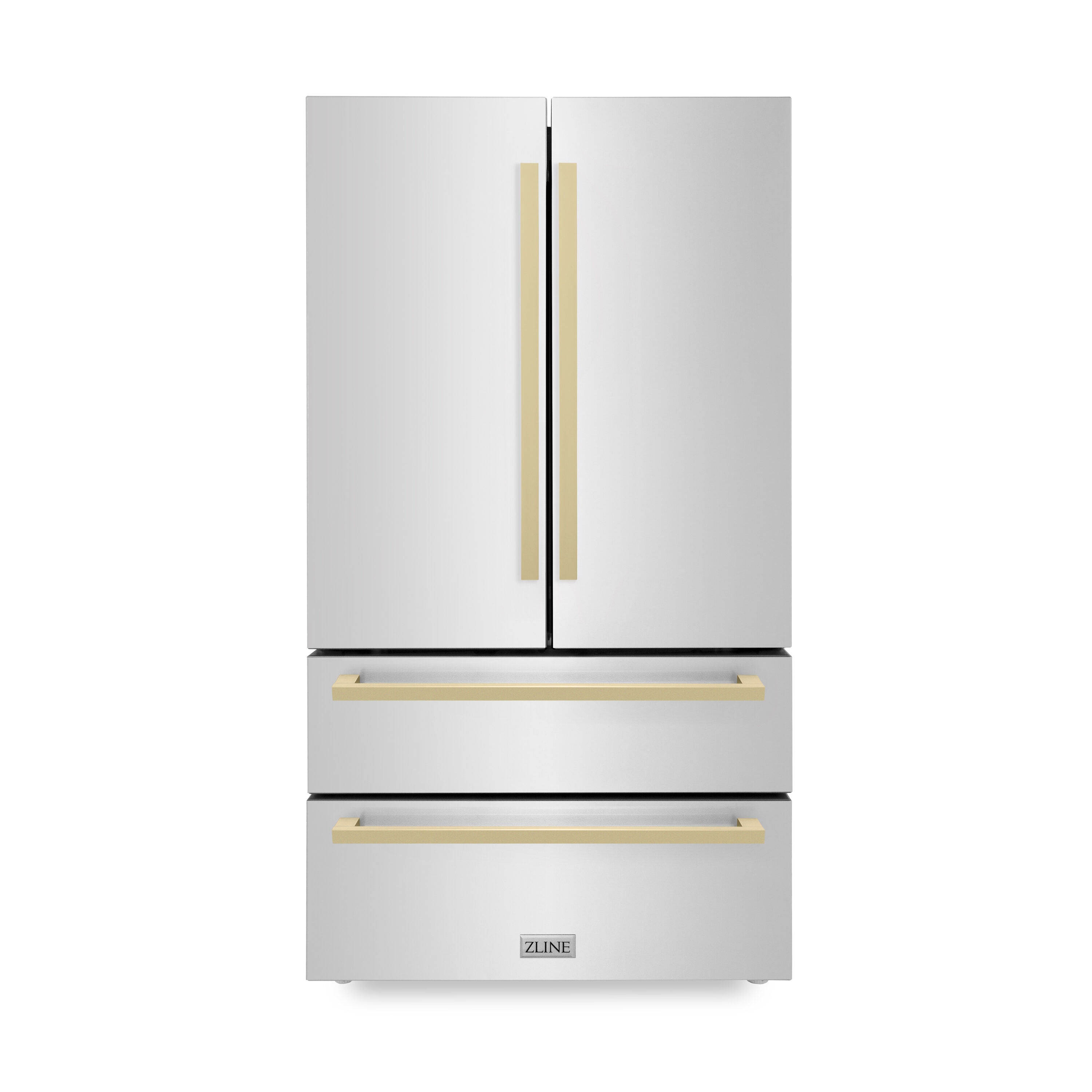 ZLINE Kitchen and Bath Autograph Edition 36 in. 4-Door French Door Refrigerator with Square Champagne Bronze Handles in Stainless Steel, Brushed 430 Stainless Steel & Champagne Bronze -  RFMZ-36-FCB