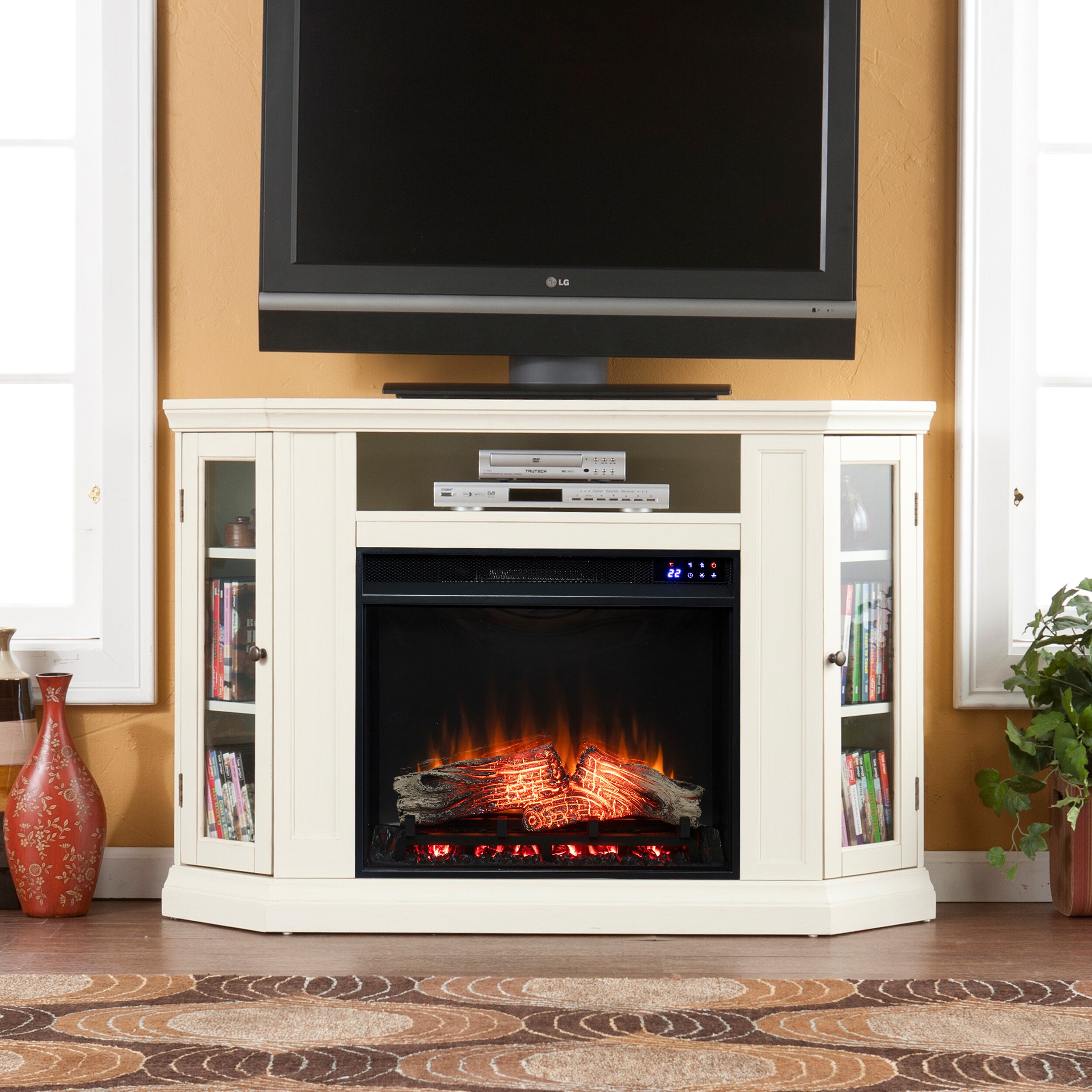 Safavieh Claremont Electric Corner Touch Screen Fireplace with Storage/Ivory