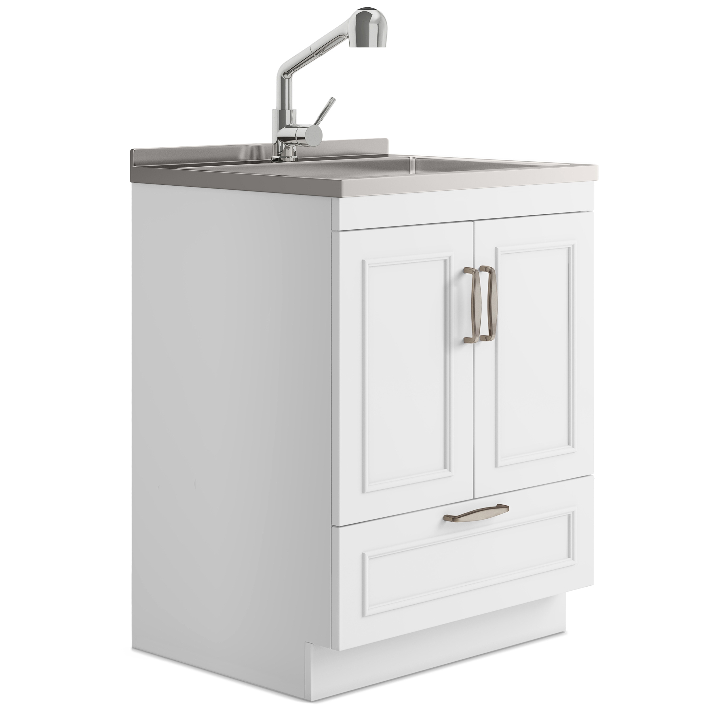 Vanityfus 18.9-in x 27.6-in Single Stainless Steel Basin White Freestanding Utility tub Cabinet with Drain and Pull-out Faucet