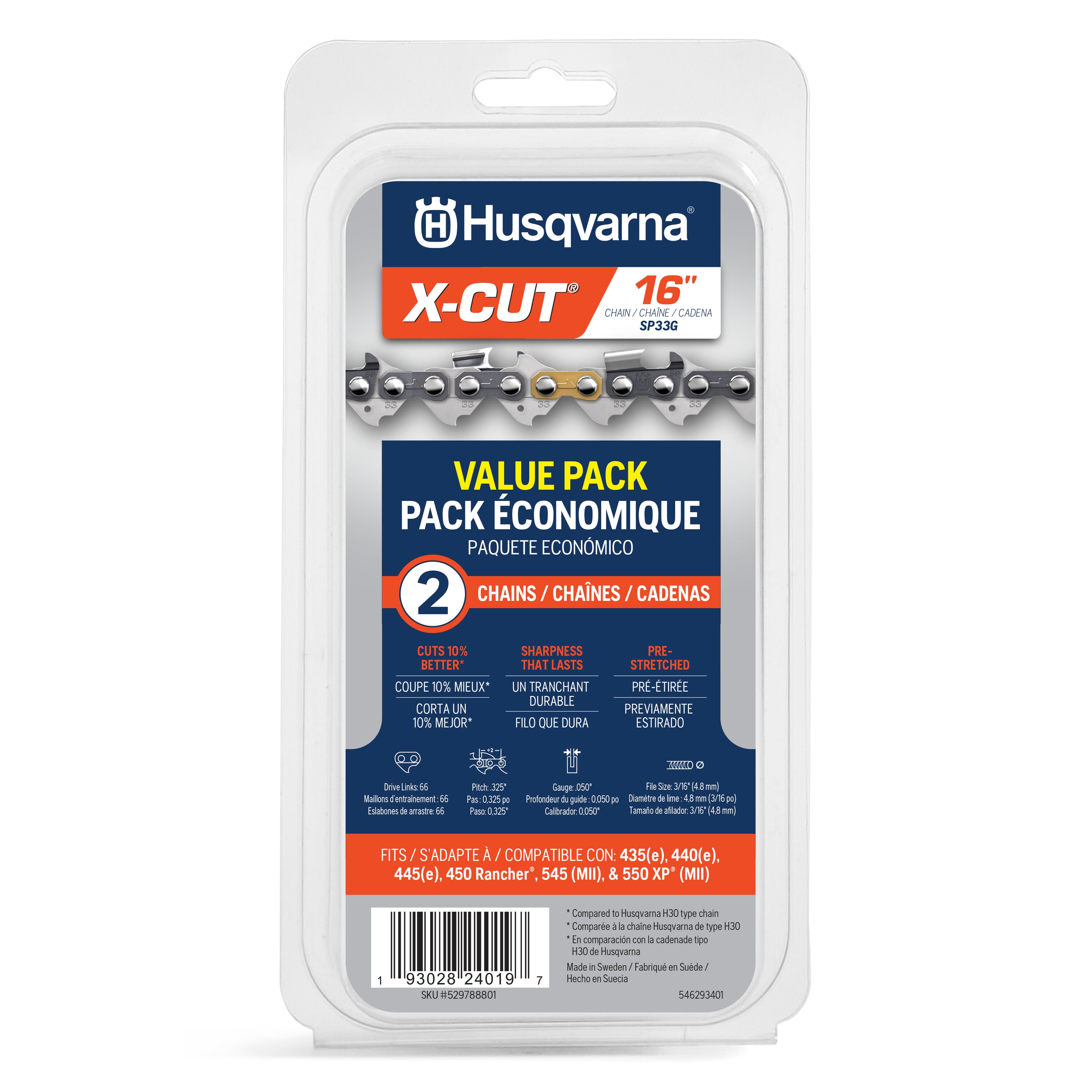Husqvarna 529788801 X-Cut SP33G 2 -Pack 66 Link Replacement Chainsaw Chain For 16-in , 0.05-in Gauge , .325-in Pitch