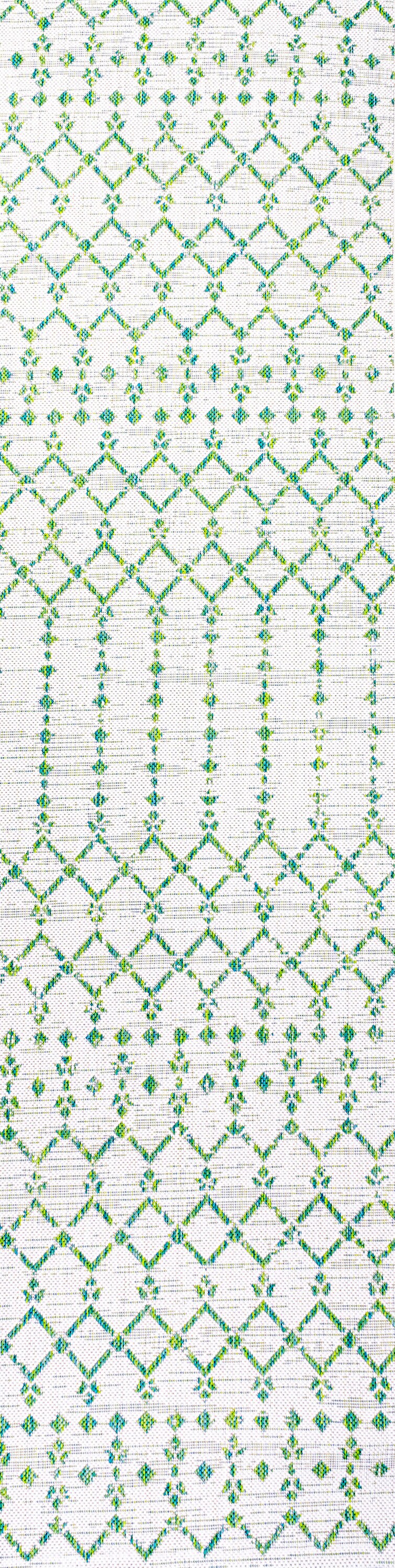 Green and Ivory Geometric Flat Woven Runner Rug