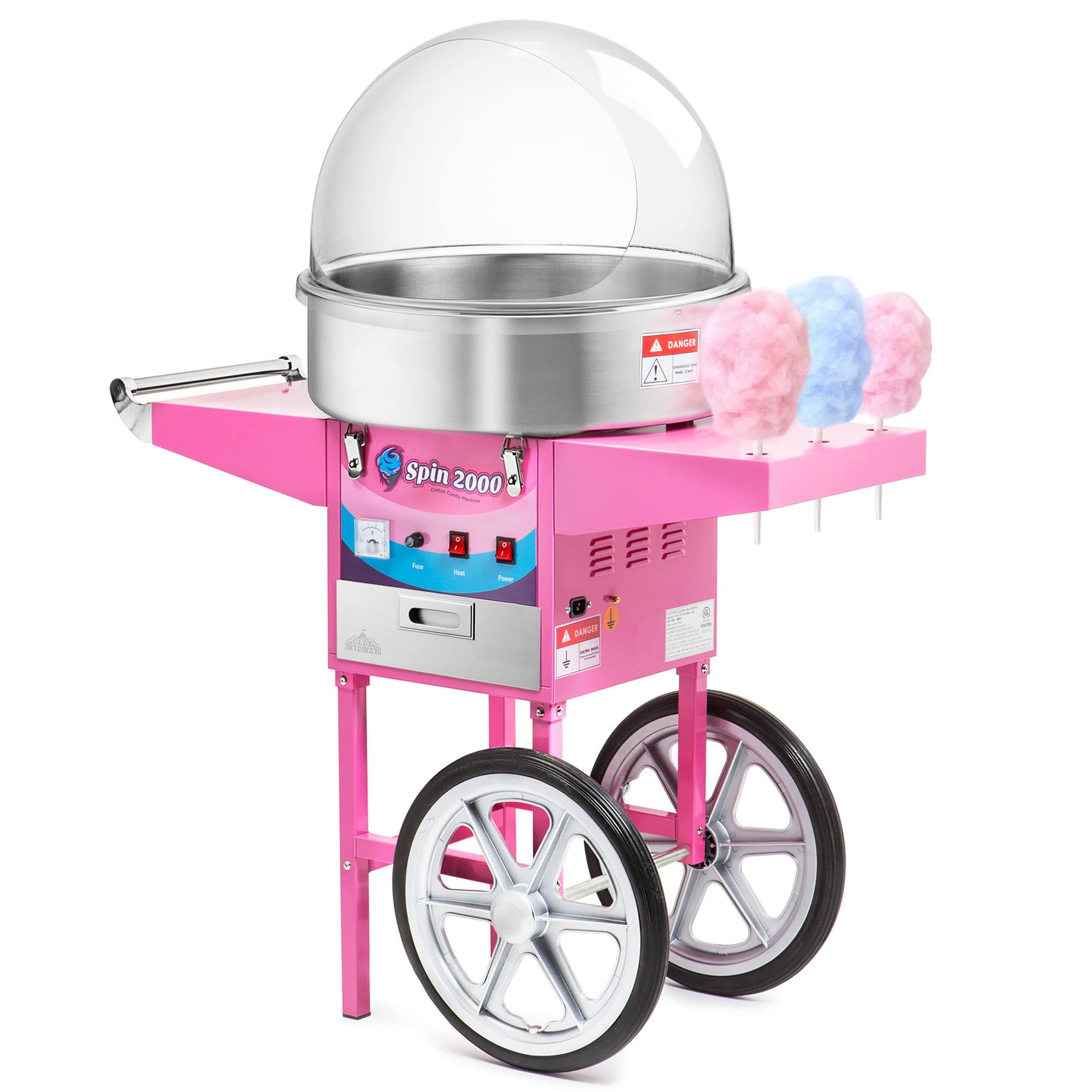 Olde Midway CON-COT2000+CV22+CRT Cotton Candy Machine and Electric Candy Floss Maker w/ Cart and Shield