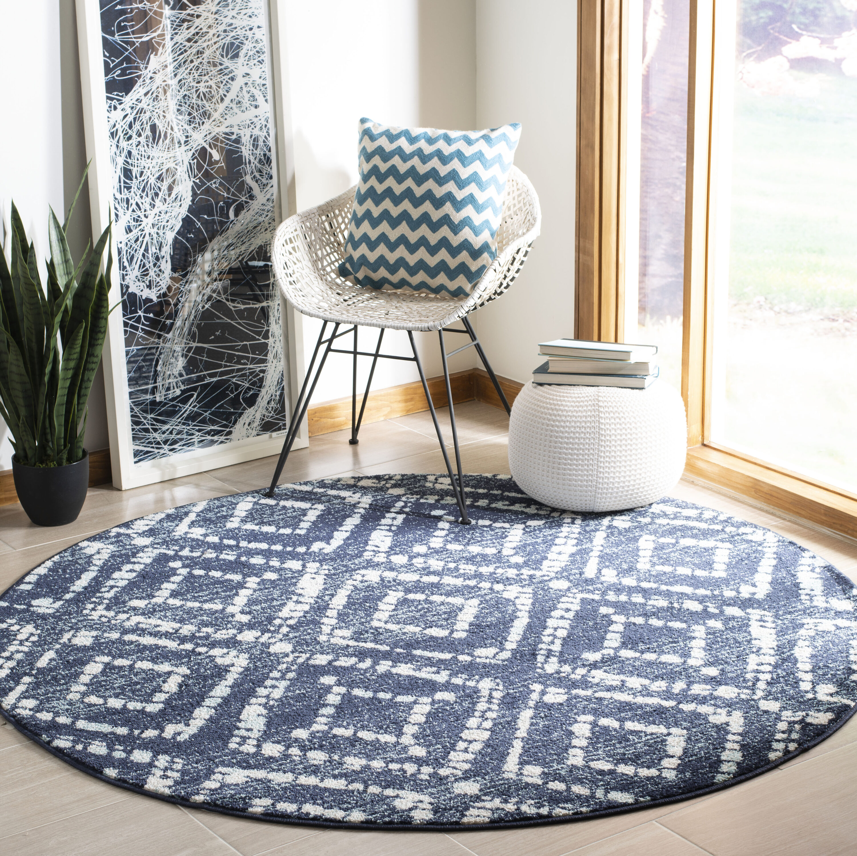 Safavieh ADR131N-3R Adirondack Avi 3 x 3 (ft) Loomed Polypropylene Navy/Ivory Round Indoor Geometric Bohemian/Eclectic Throw rug