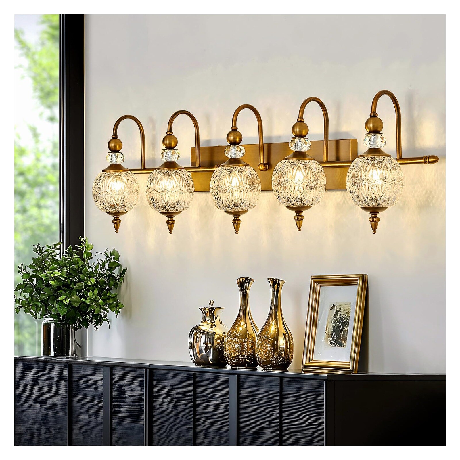 Phyfalip  Vintage Bathroom Lights Fixtures Gold Vanity Light with Glass Globe Lampshade 5 Light Brushed Brass G9 Bulb Wall Sconce Antique Indoor