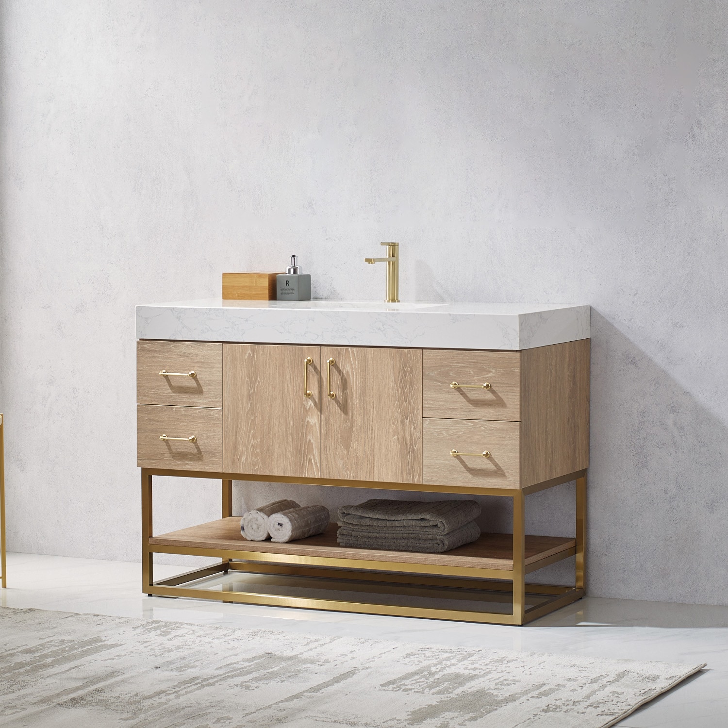 48 Inch Oak Single Vanity with White Stone Top and Brushed Gold Trim