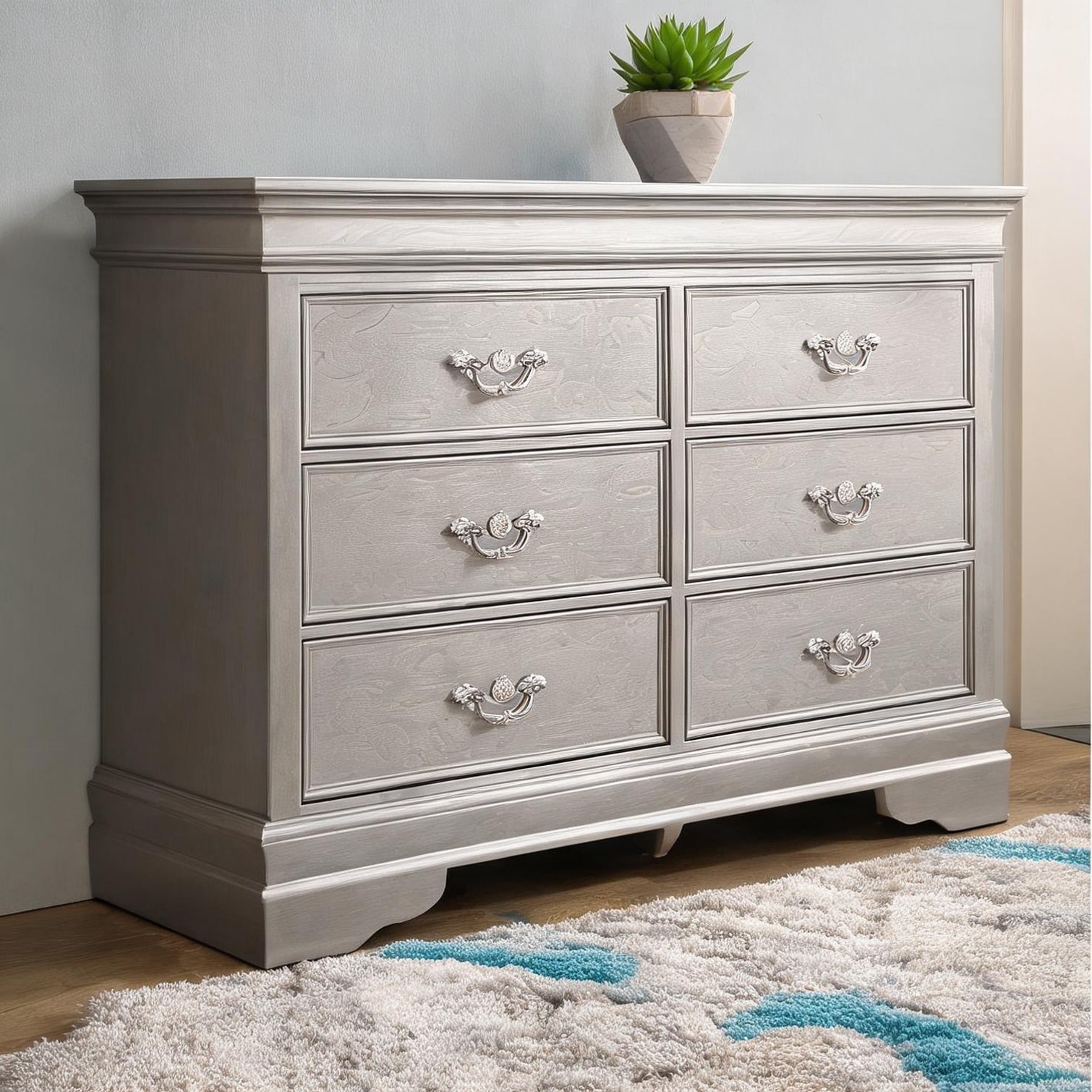 sunjurt Silver Champagne Double Dresser with Chrome Pulls and Textured Drawer Fronts 59x16x33