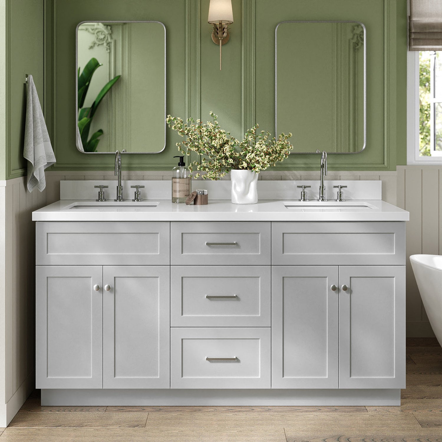ARIEL F067DWQRVOGRY Hamlet 66-in Gray Undermount Double Sink Bathroom Vanity with Pure White Quartz Quartz Top