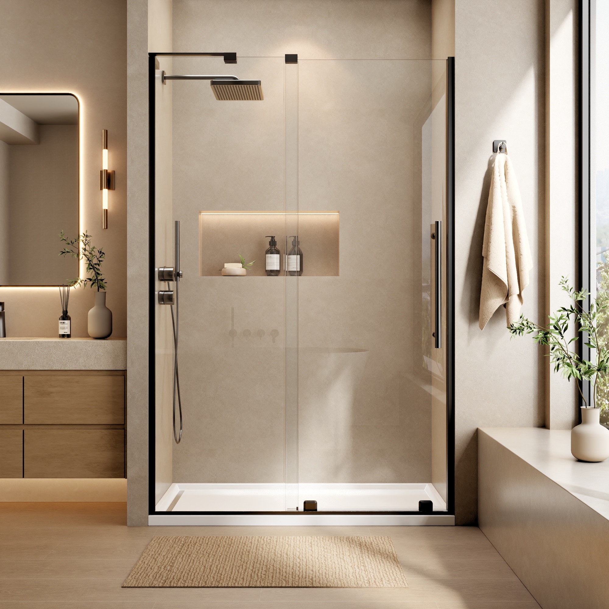 ANGELES HOME  46-in to 48-in W x 72-in H Matte Black Frameless Bottom-Roller Sliding Shower Door with 5/16-in Tempered Clear Glass