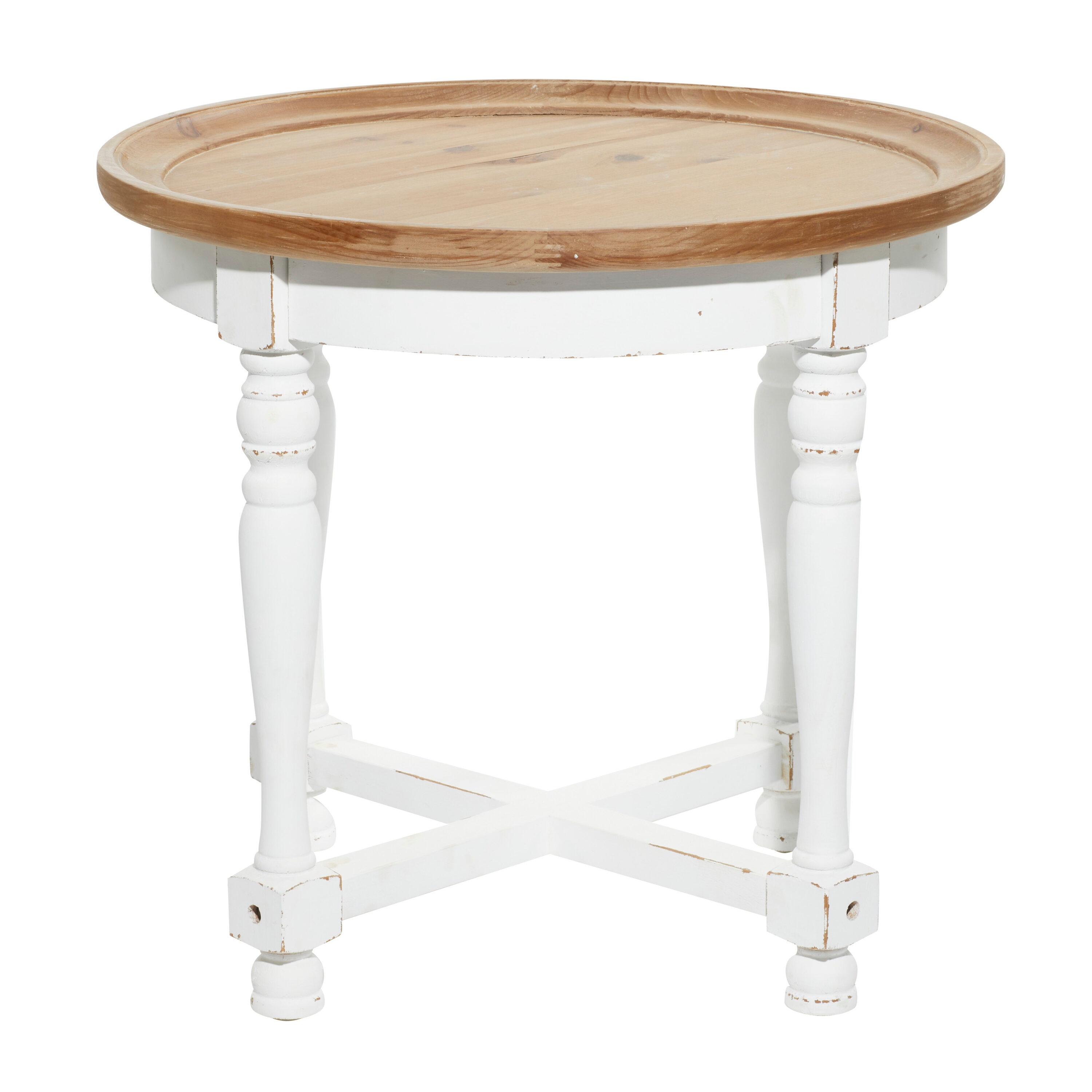 White and Brown Round Wood Accent Table with Spindle Legs