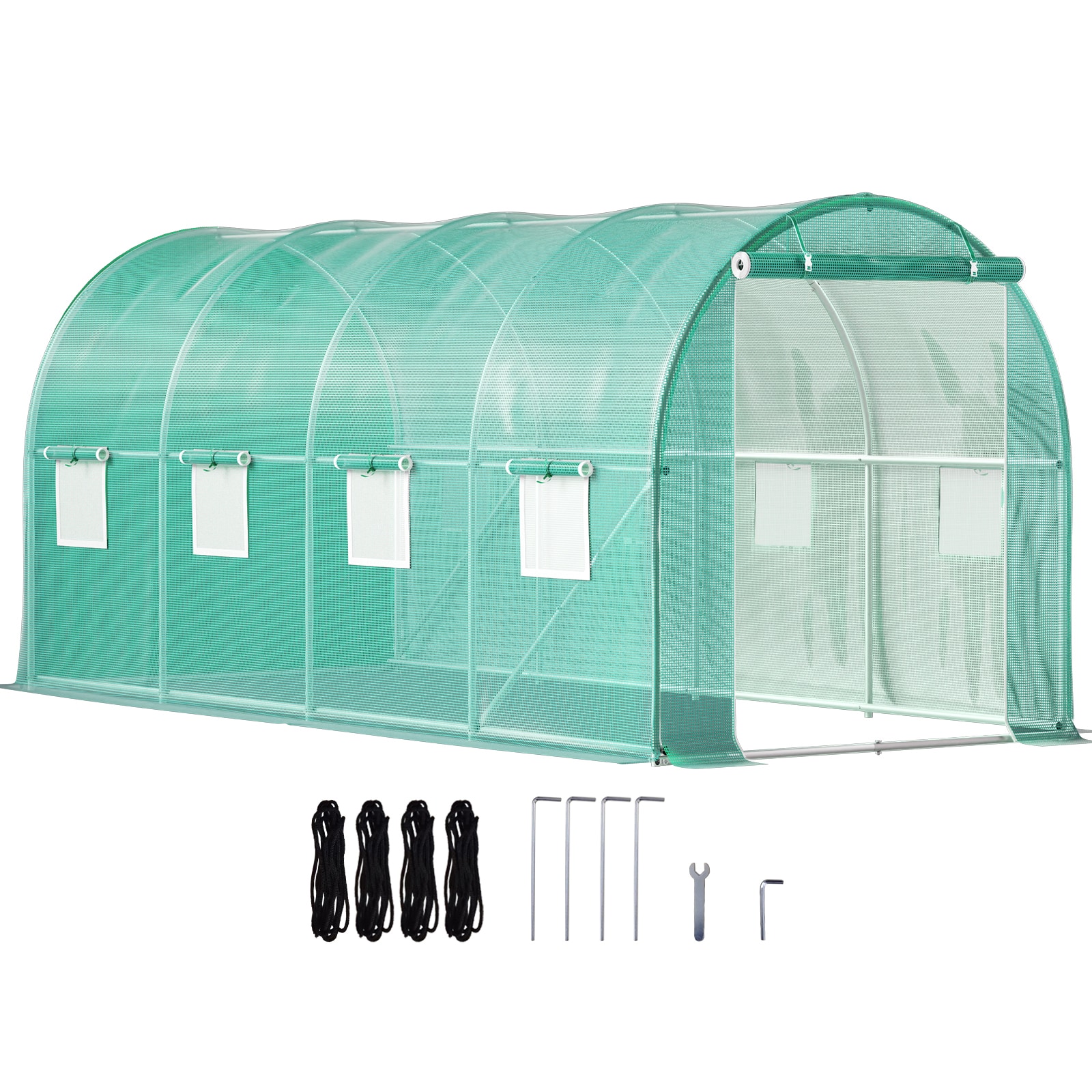 VEVOR SCYDSDWSL15700212V0 Walk in Tunnel Greenhouse  15 x 7 x 7 ft Portable Plant Hot House with Galvanized Steel Hoops  1 Top Beam  Diagonal Poles  Zippered Door and 8 Roll up Windows  Green