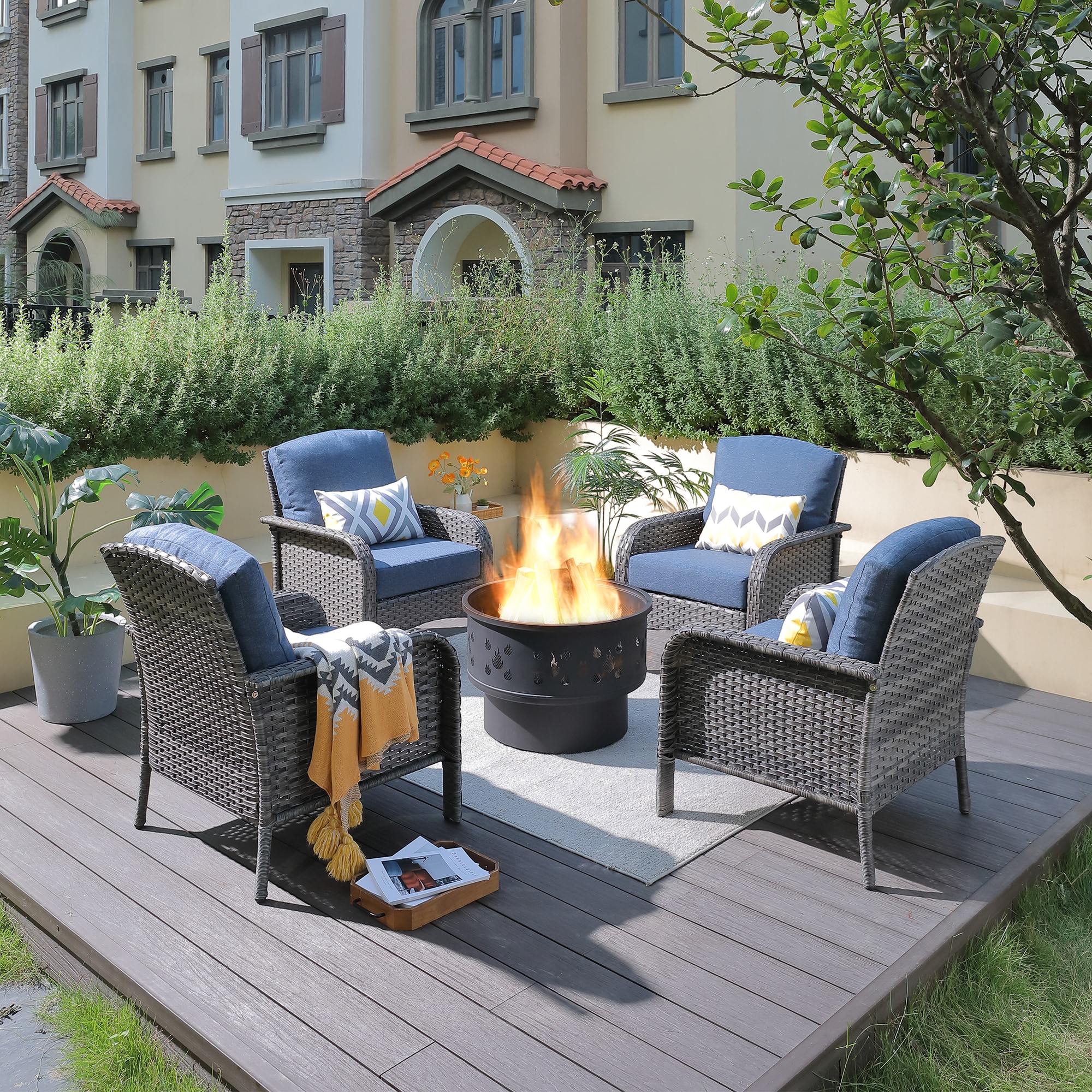 XIZZI XIGNDS303-YMFP Chrysoberyl 5-Piece Rattan Patio Conversation Set with Blue Cushions