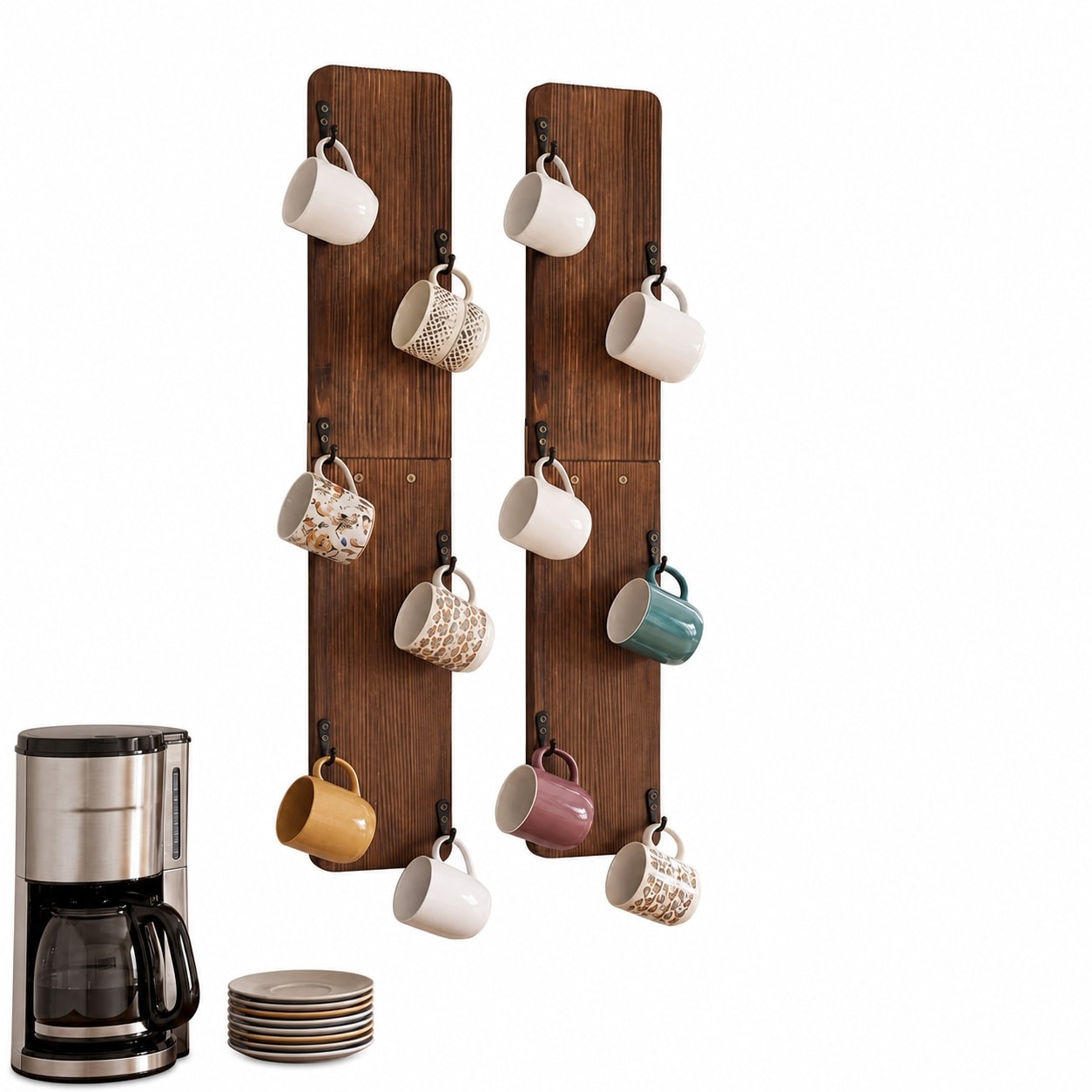 Aoibox  2 Pack Wall Mounted Solid Wood Coffee Mug Holder Rack 6 Hook Display Shelf for Kitchen Bar Cabinet Mug