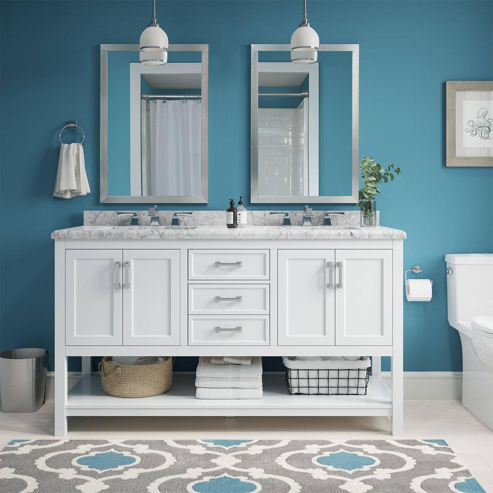 Design Element AF-61-WHI Affinity 61-in White Undermount Double Sink Bathroom Vanity with White W/ Gray Veins Marble Top