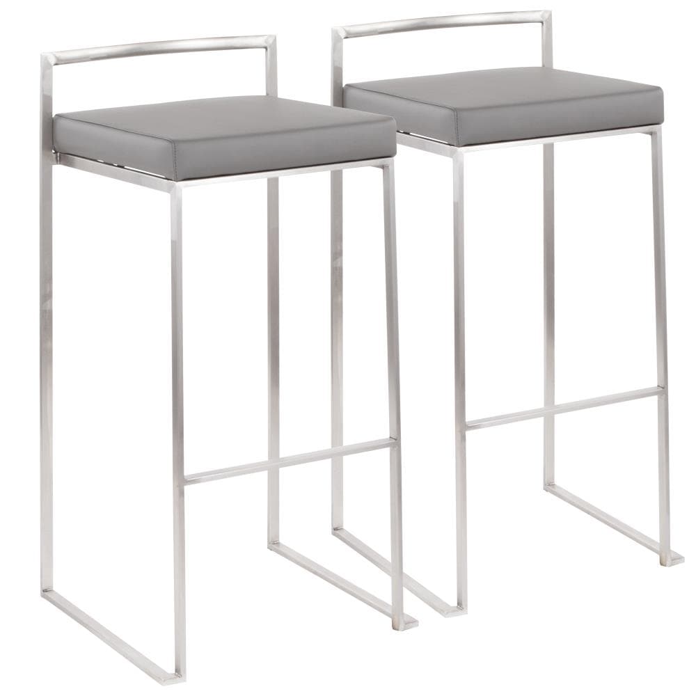 LumiSource B30-FUJI GY2 Fuji Set of 2 Brushed Stainless Steel, Grey Pu 34-in H Bar height Upholstered Stackable Metal Bar Stool