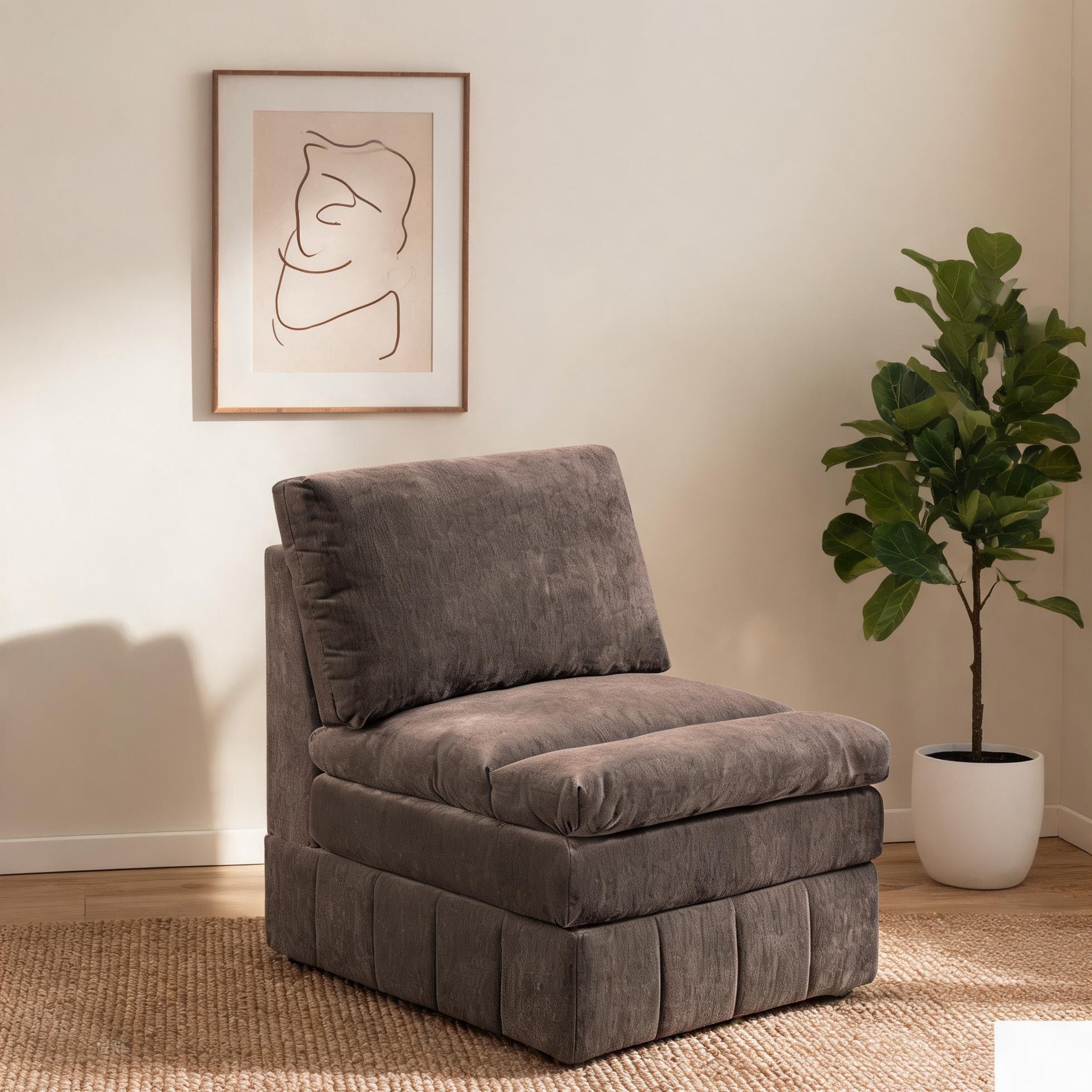 SunJet Modular Armless Chair for Living Room Seating Warm Brown Suede Upholstery Contemporary Triple-Layer Cushion Design