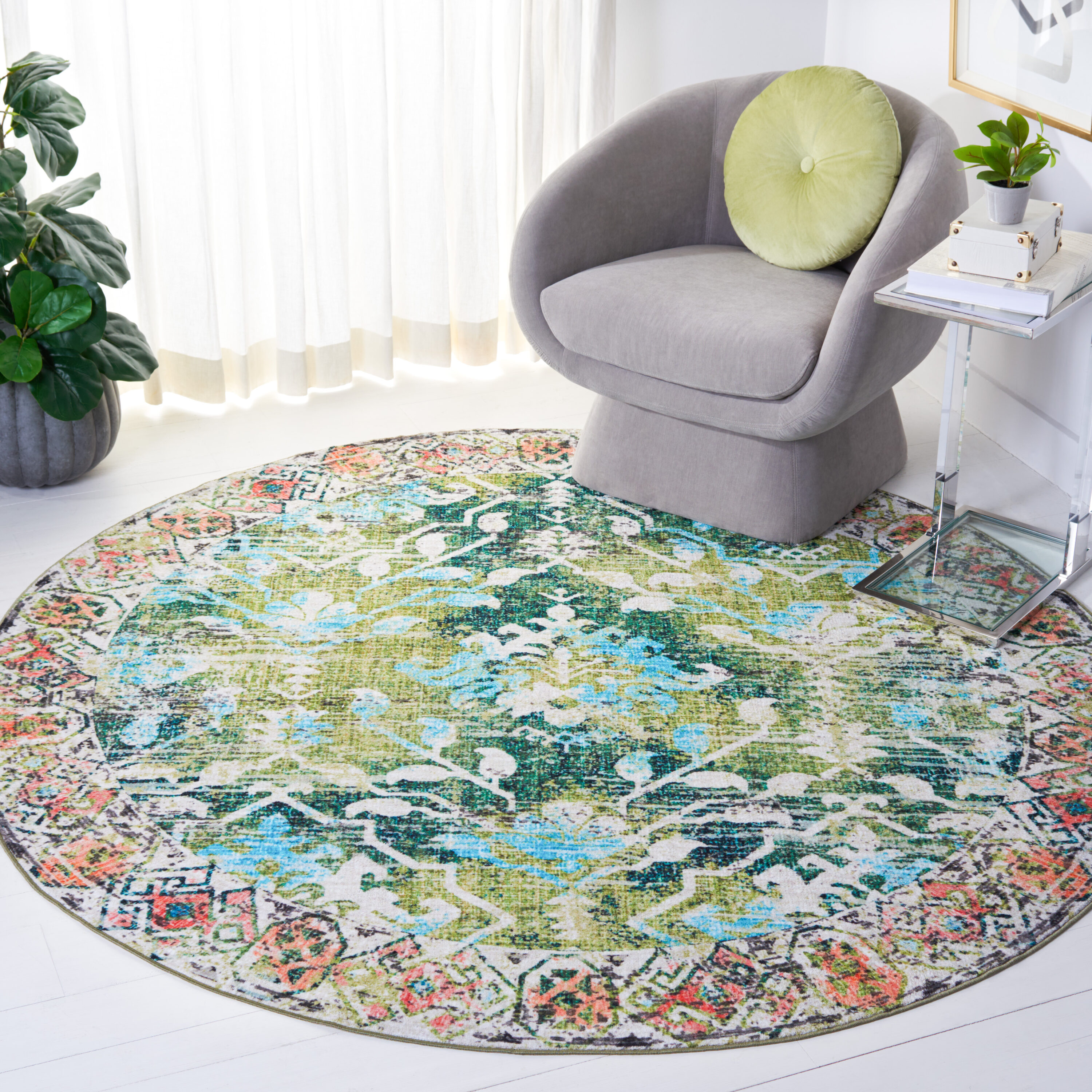 Safavieh RIV117Y-7R Riviera 7 x 7 (ft) Loomed Polyester Green/Light Blue Round Indoor Medallion Machine washable Area rug
