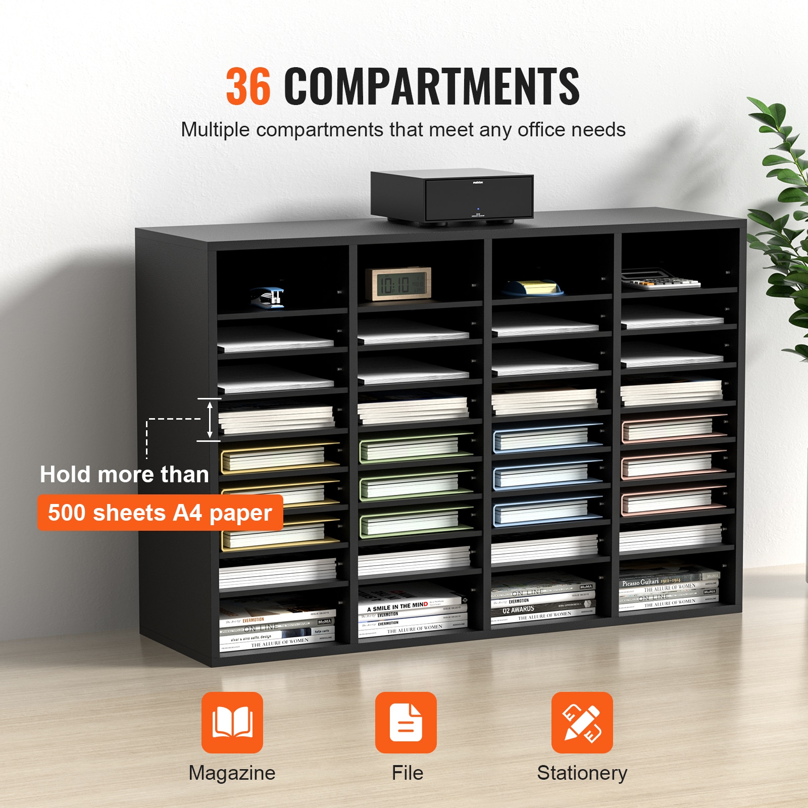 Black 36-Compartment Wood Literature Organizer