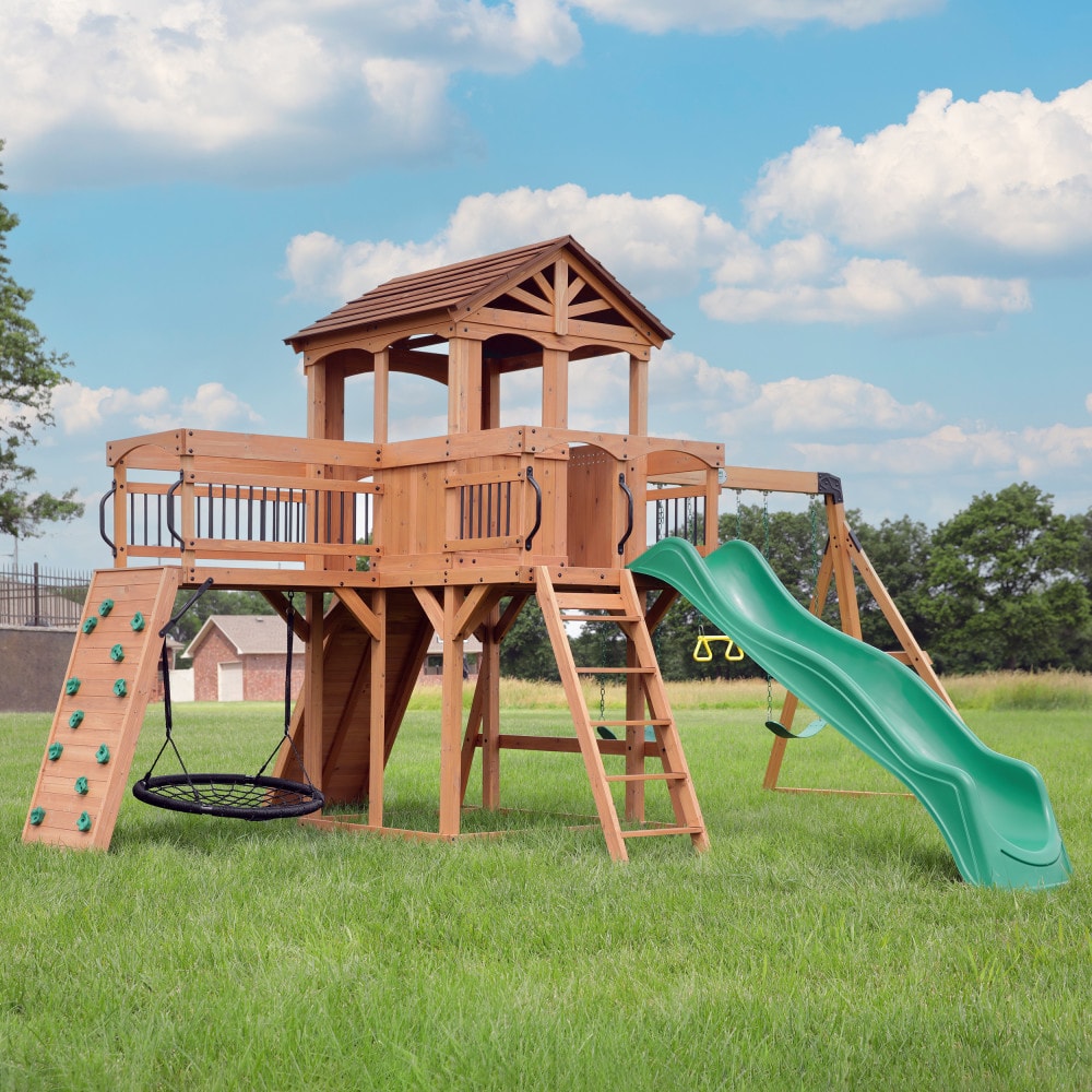 Backyard Discovery 2200227COM Sterling Point Residential Wood Playset with 3 Swings and Slide Included