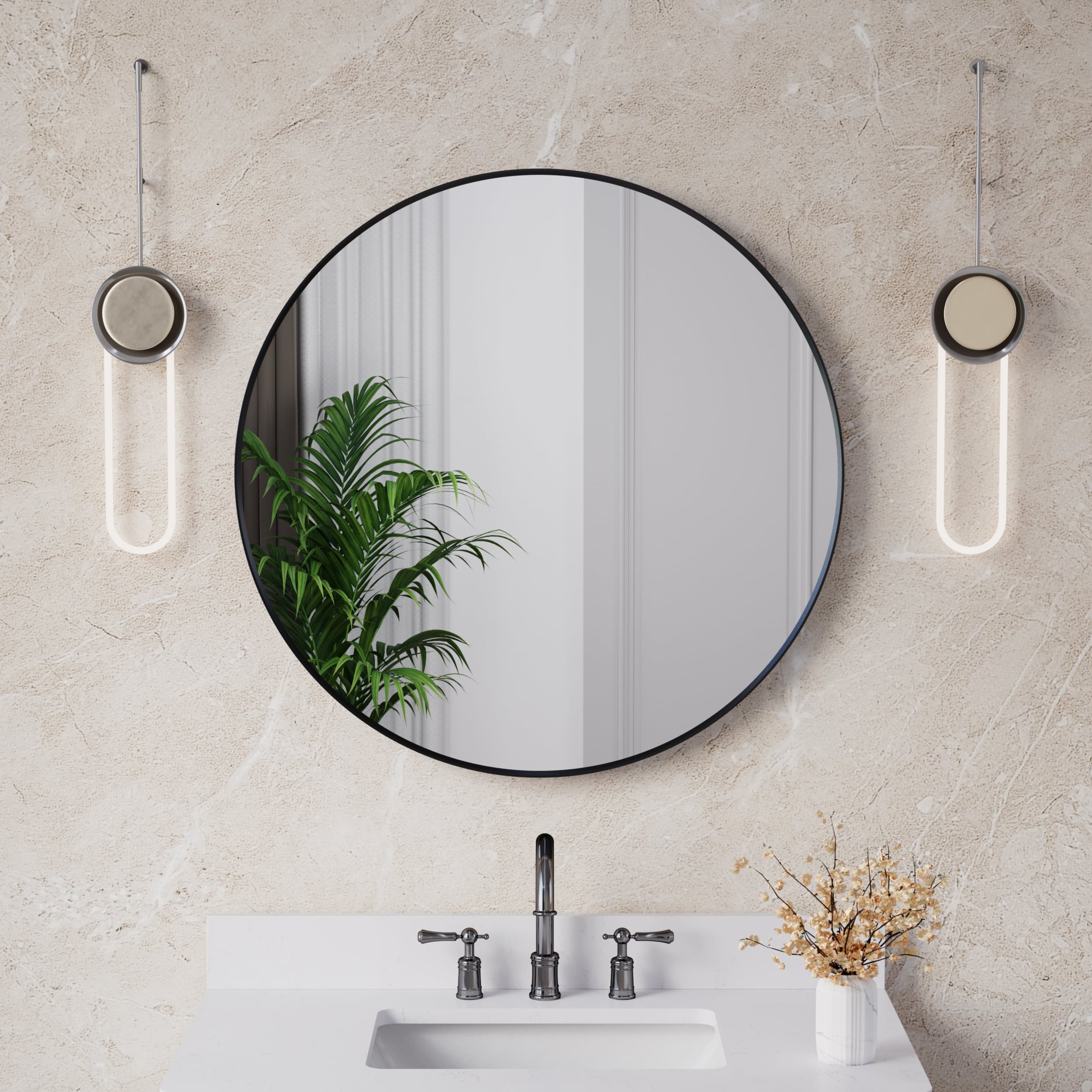 Forclover MRE-R3232MB 32-in x 32-in Framed Round Bathroom Vanity Mirror ( Matte Black )