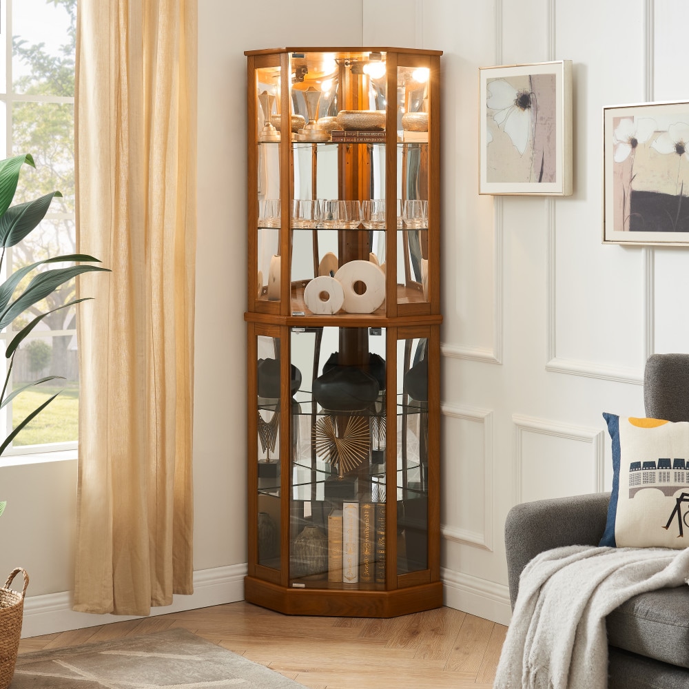 Wooakway Wood Accent Cabinet with Lights for Home Decorative Display Cabinet Featuring Adjustable Glass Shelves and Mirrored Back Also a Stylish Glass Cabinet for Storage